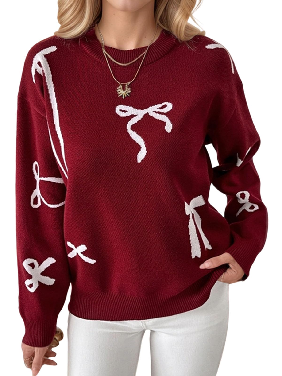 Pullover Sweaters for Women Trendy Long Sleeve Going Out Top Loose Fit Crew Neck Bow Print Tops Festival