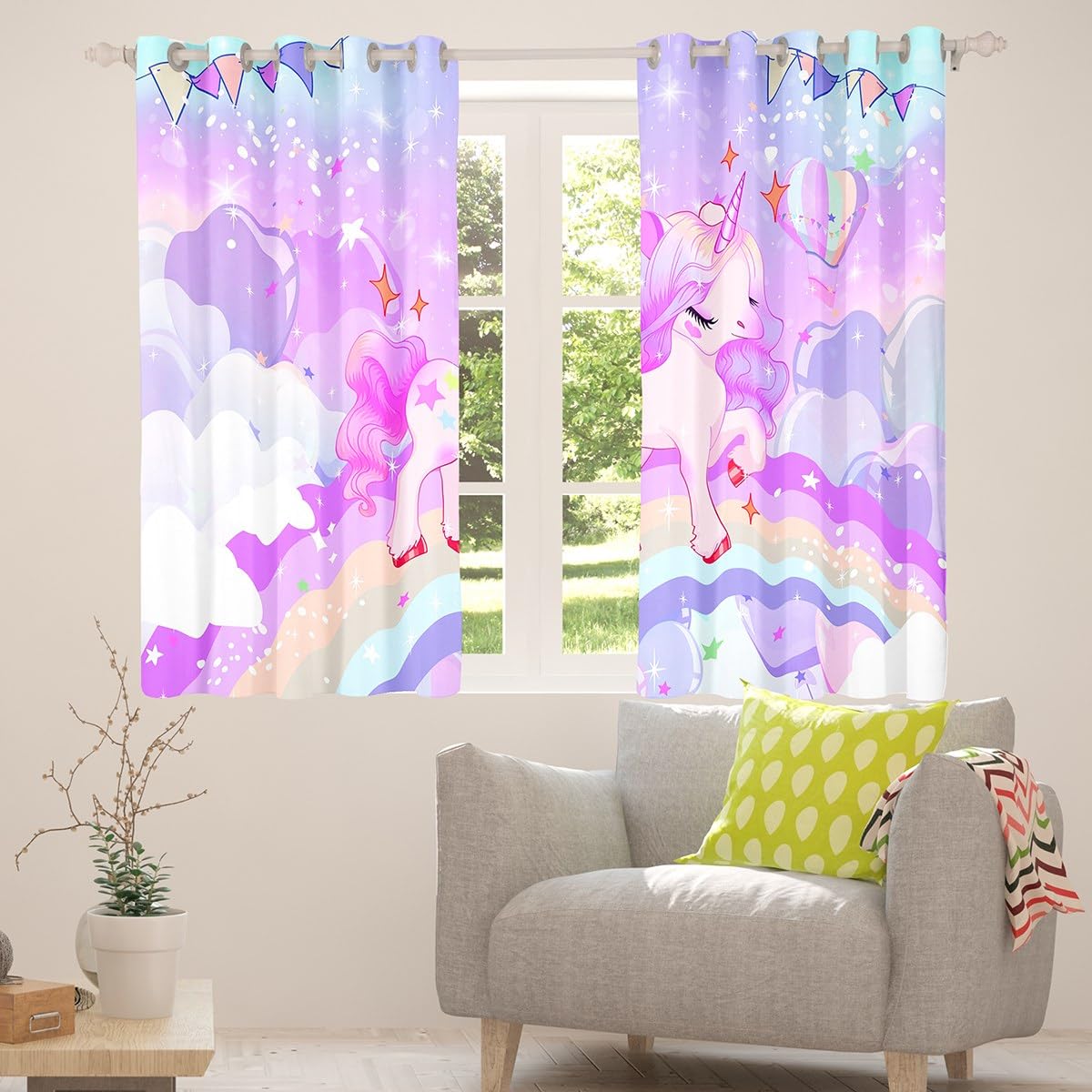 Loussiesd Unicorn Girls Window Curtains for Bedroom Living Room Cute Rainbow Unicorn Curtains Cartoon Window Drapes Treatments Kids Galaxy Stars Magical Purple Unicorn Animal Room Decor W46*L54 - Image 4