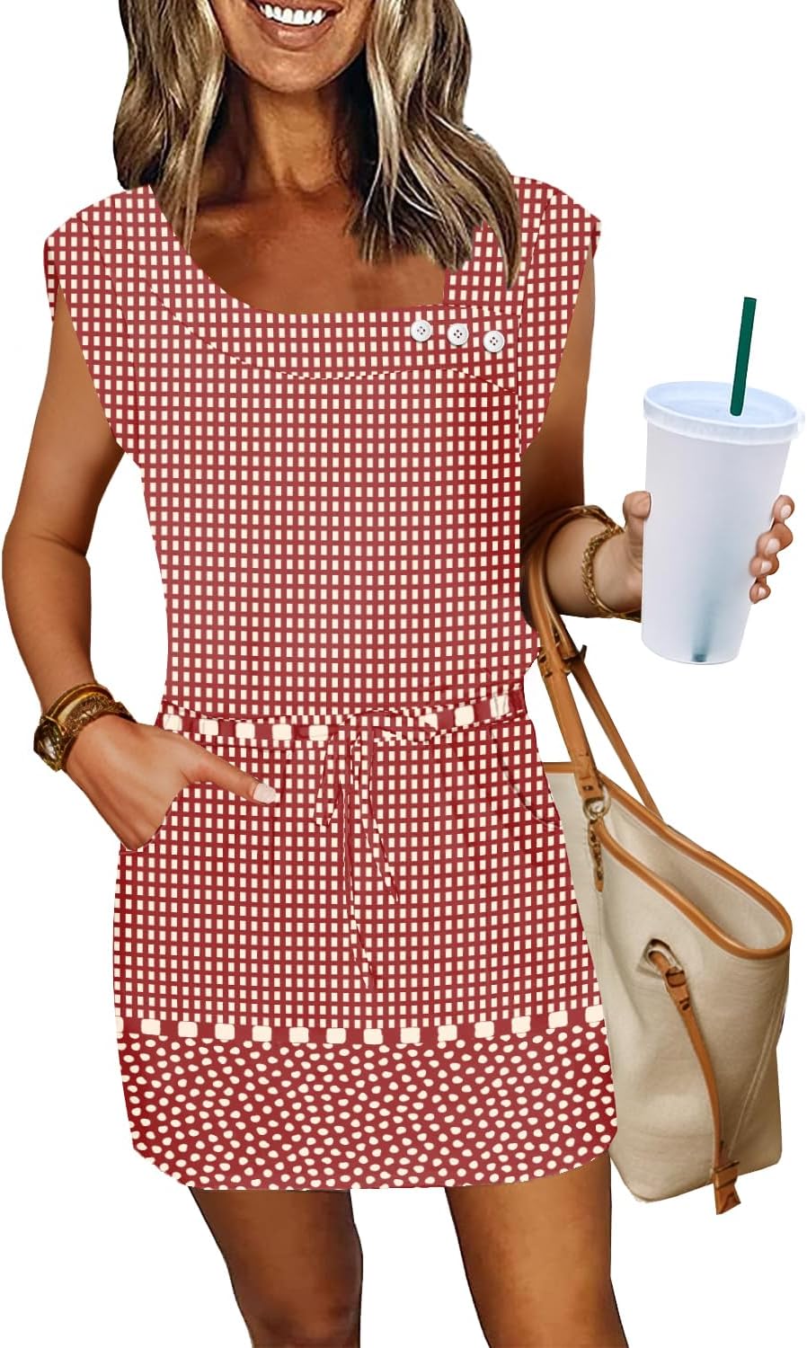 SAUKOLE Womens Summer Dress Casual Cap Sleeve Square Neck Buttons Short Dress with Pockets Loose Drawstring Waist Dresses