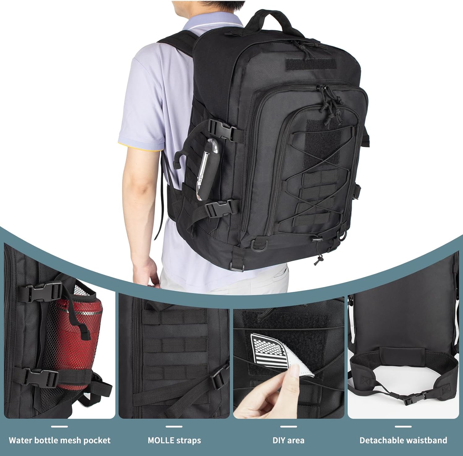 Large Expandable Tactical Backpack for Men Military Backpacks 40-64L 3 Day Assault Pack Molle Bag For Outdoor Adventures Car Travel Backpacks Black