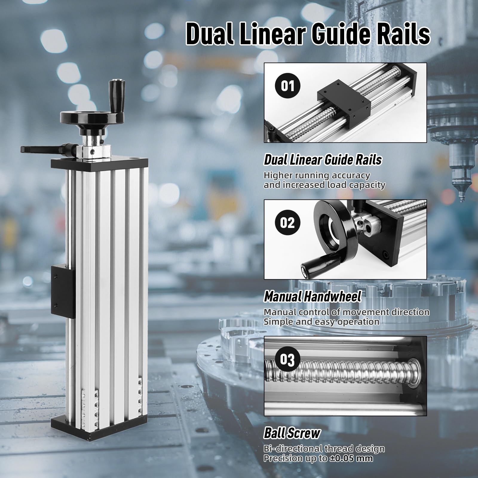 Guida Lineare con Volantino, Guidaggio Lineare Manuale con Blocco, Corsa 200 mm, Vite a Sfere ±0,05 mm, Doppia Barra di Guidaggio per CNC, Tavola Lineare X-Y-Z