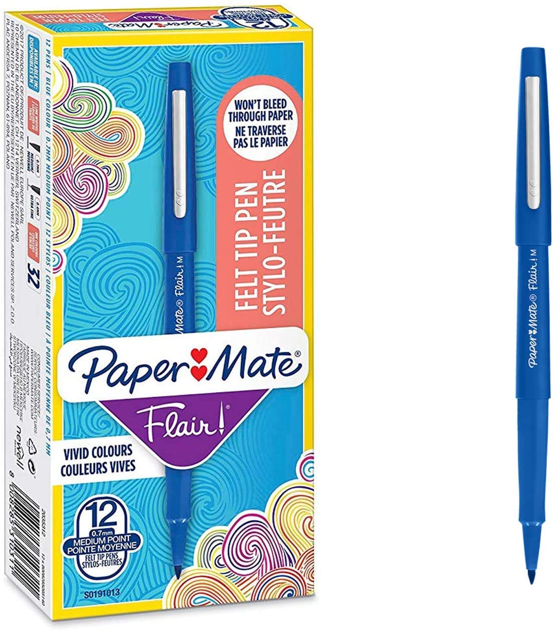 Paper Mate Flair Felt-Tip Pens, Medium Point, Blue, 12 Pack