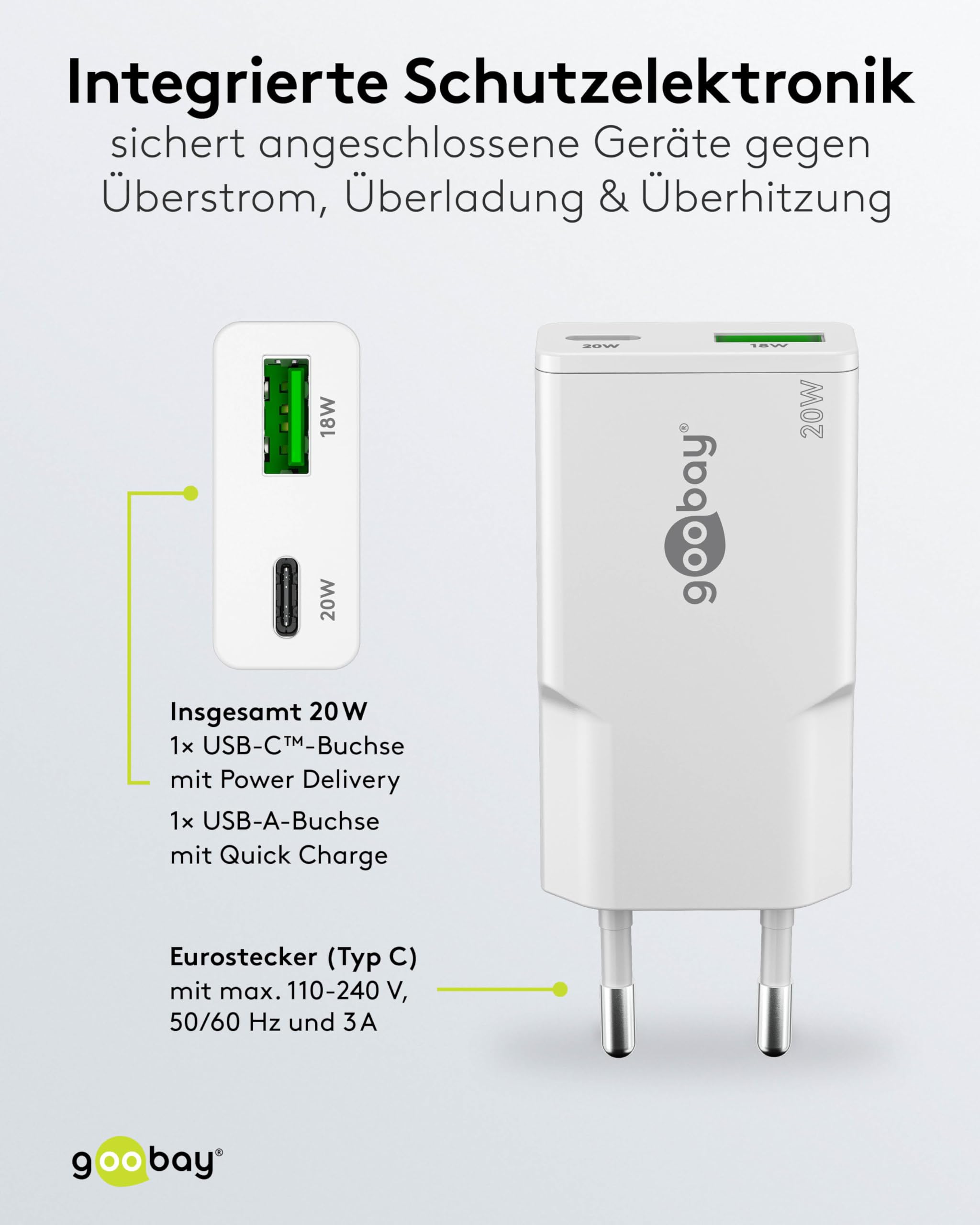 goobay Caricatore rapido USB-C PD GaN Slim 20 W (bianco), Power Delivery, connettore USB-A Quick Charge, alimentatore di rete per smartphone e tablet – 75730