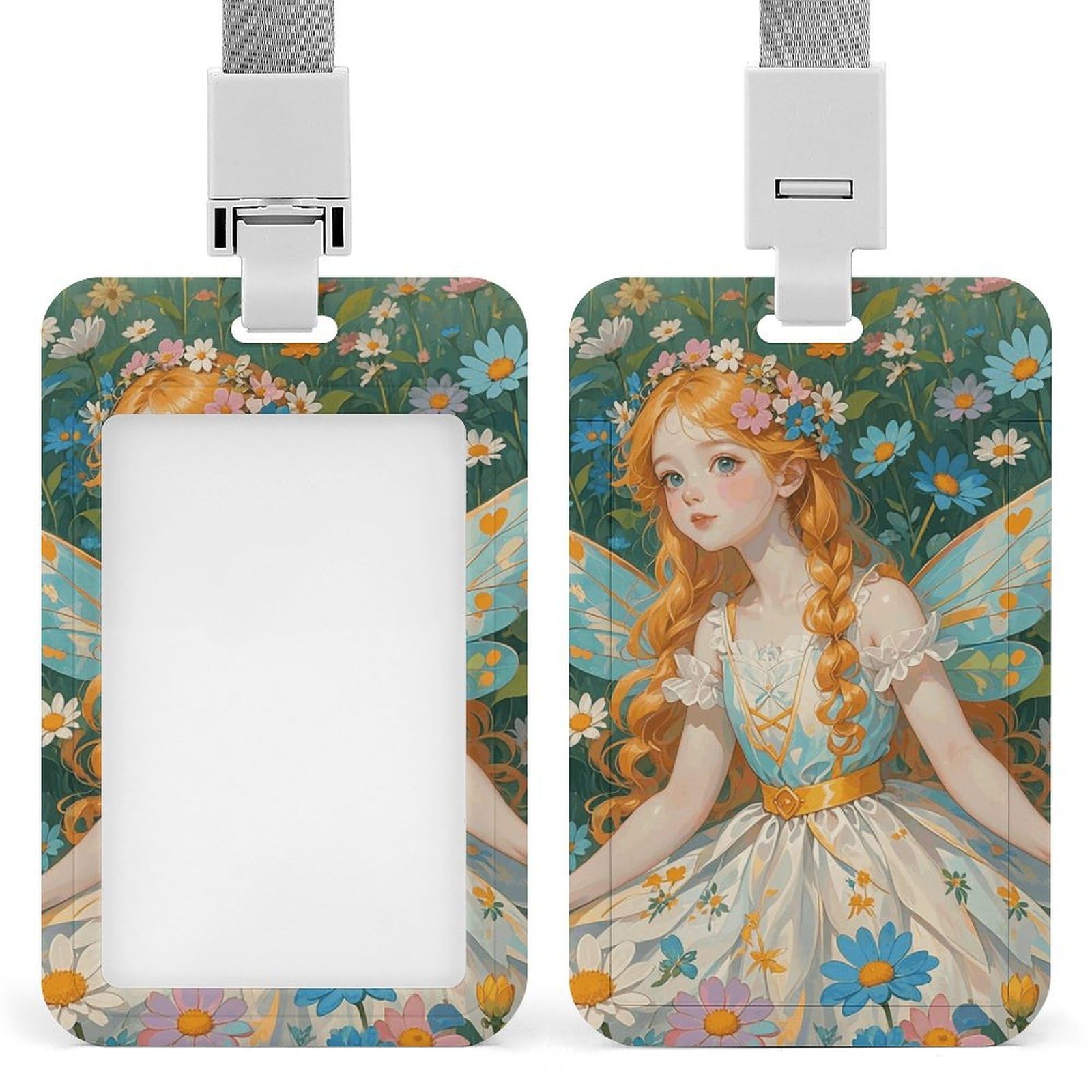 ID Card Holders for Lanyard,Pfhorn Flower Fairy Printed Badge Holder with Clear Window,Plastic Vertical Bus Pass Holders for Work Teacher Nurse Employees Proximity Key Cards Women Men — image 1