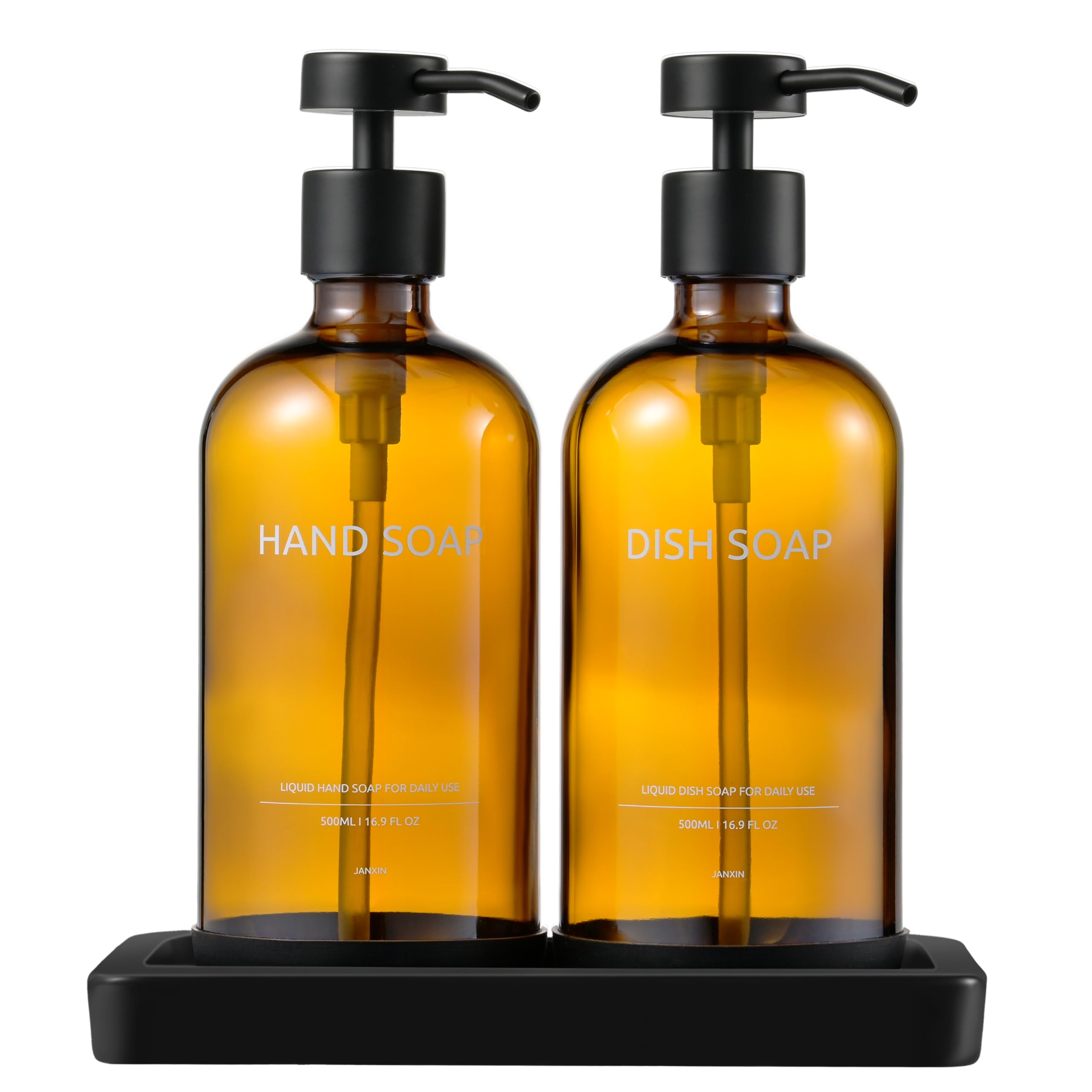Janxin 2pcs Glass Soap Dispenser, Brown Liquid Hand Jar, With Ceramic Tray, Suitable for Shower Gel, Shampoo(Brown bottle + black head)