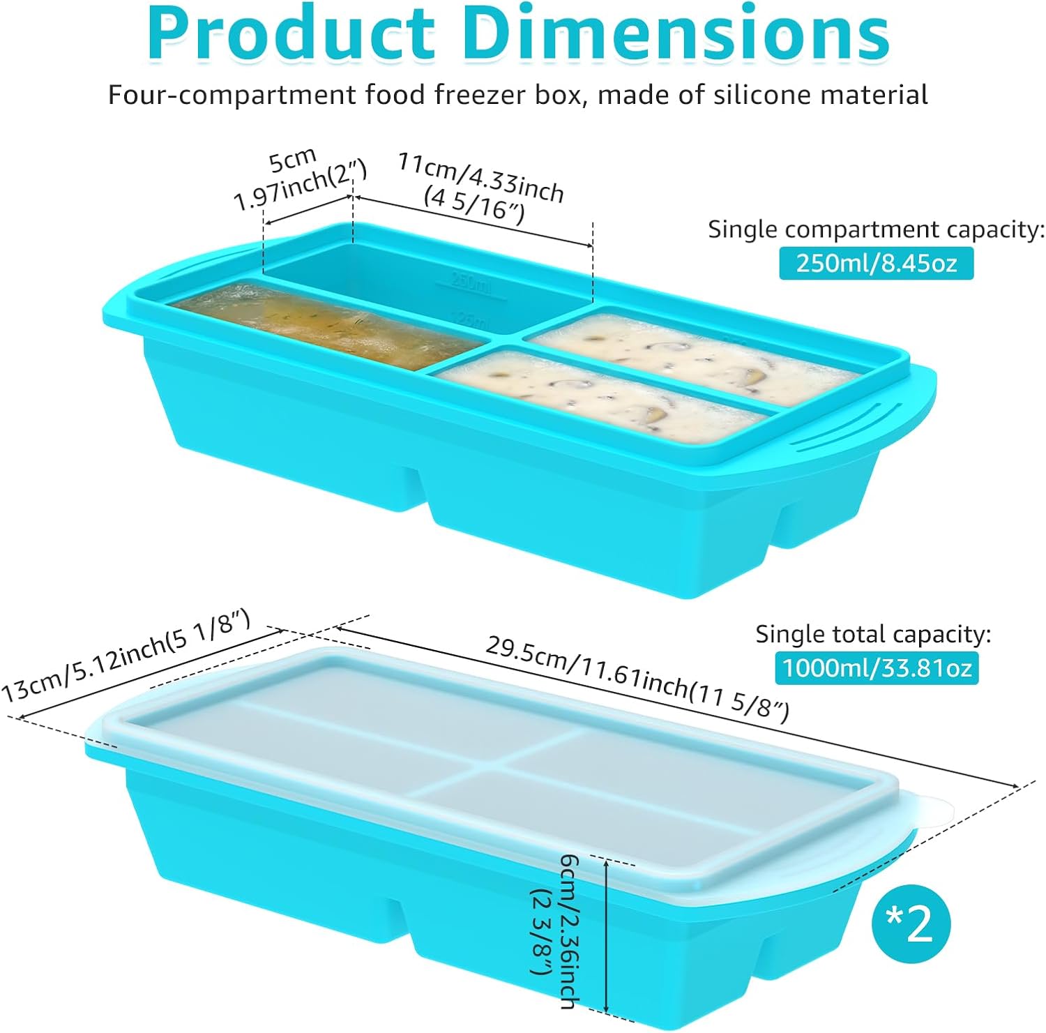 Pack of 2 Silicone Freezer Tray with Lid, 1000 ml Soup Freezer Ice Cube Tray for Food, Container for Storing and Freezing Soup, Broth, Sauce and Ice Cream, Dishwasher Safe image 3