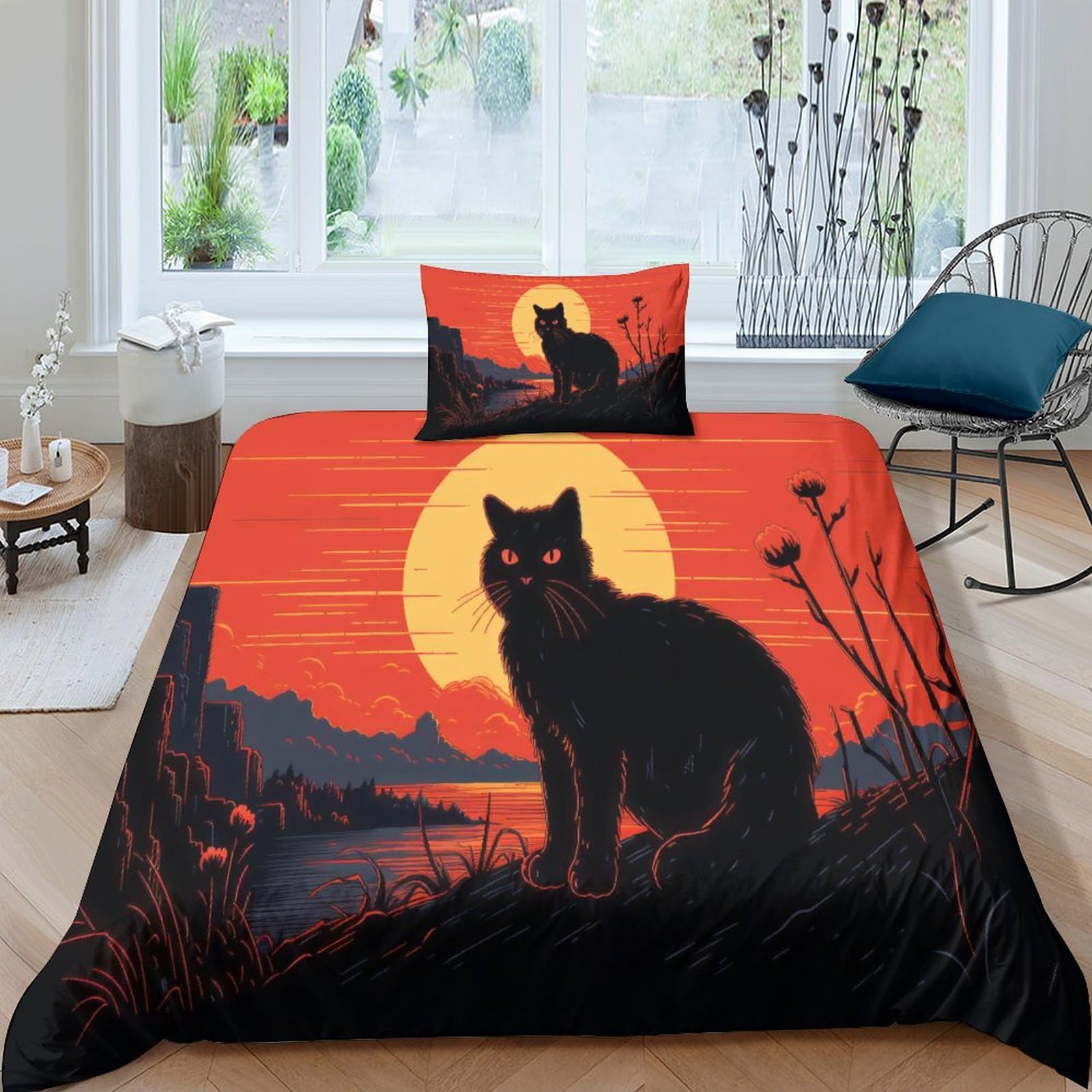 Housses de couettes coucher de soleil et chat pour une chambre cocooning