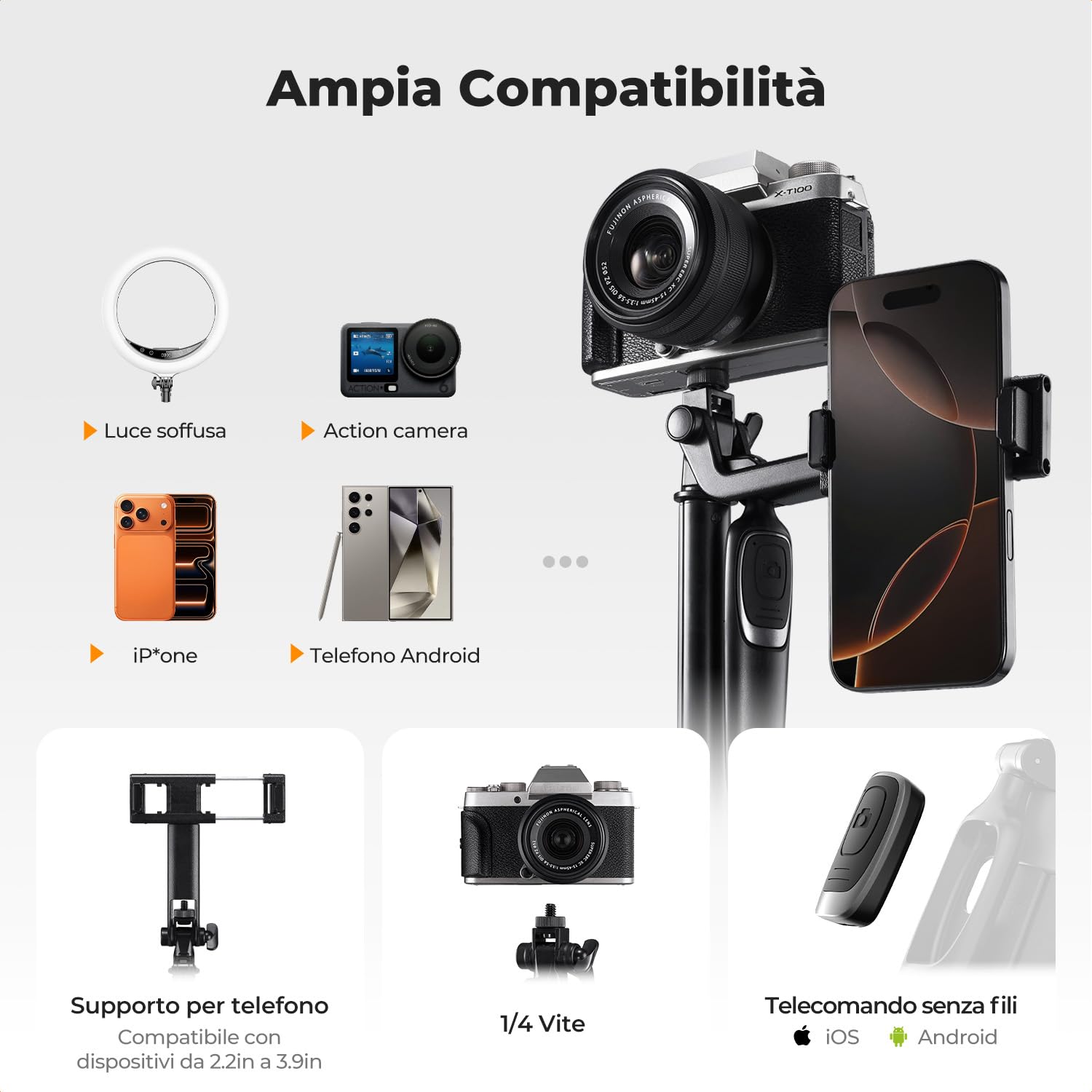 K&F CONCEPT 177cm Treppiede per cellulare, Adatto per DJI OSMO POCKET 4&3, 4 Gambe e Maniglia Stabilizzatrice, Telecomando Bluetooth, Rotazione 360°, Bastone Selfie per iPhone e Android, Viaggi e Vlog