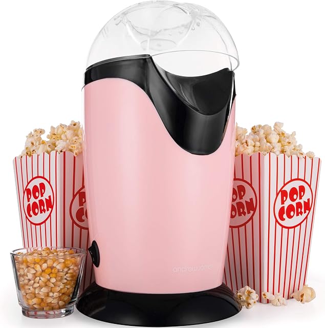 Andrew James Popcorn Maker Machine, Healthy Air Popper, Popcorn Machine with 8 American Cinema Style Boxes, 1200W, Perfect for Parties (Pink)