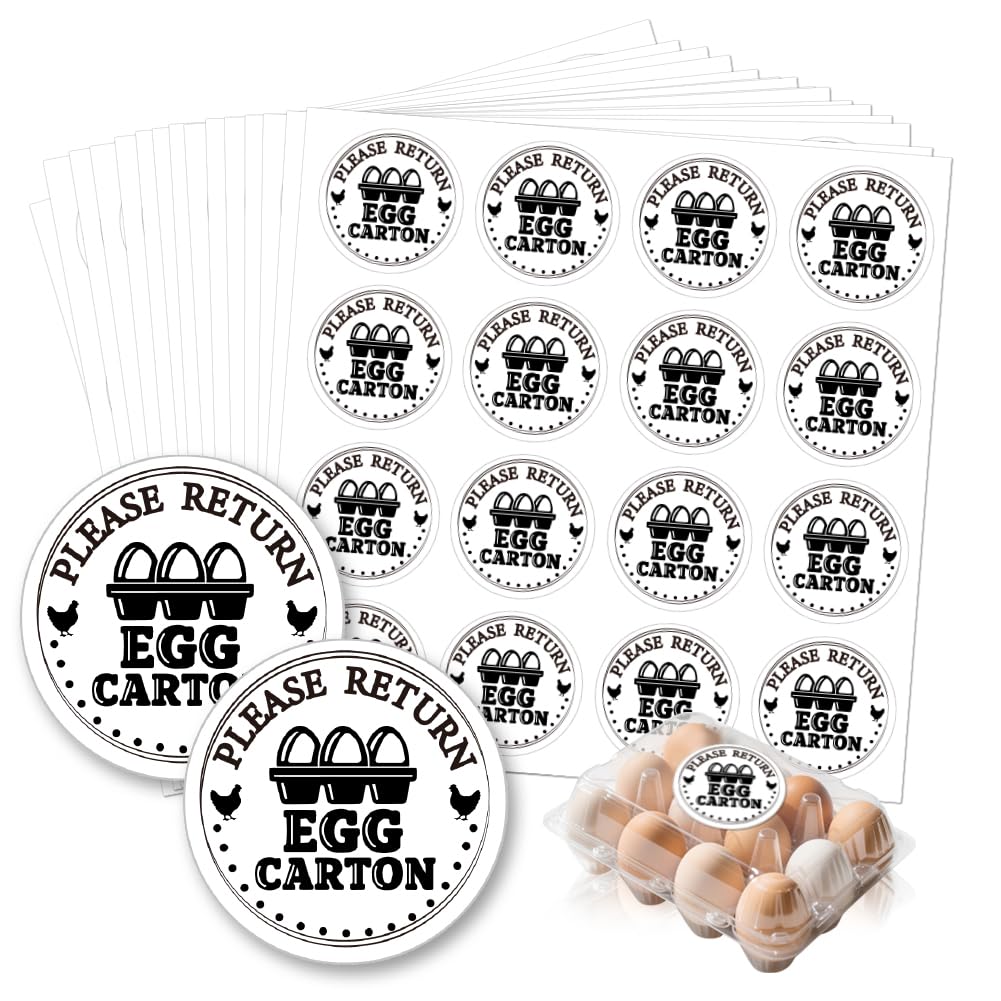 GOMAKERER 320 Pcs 2 Inch Farm Fresh Eggs Carton Labels, Please Return Egg Carton Stickers Round Fresh Chicken Egg Stickers Waterproof Self-Adhesive Sticker for Box Container Carton Farm Supplies