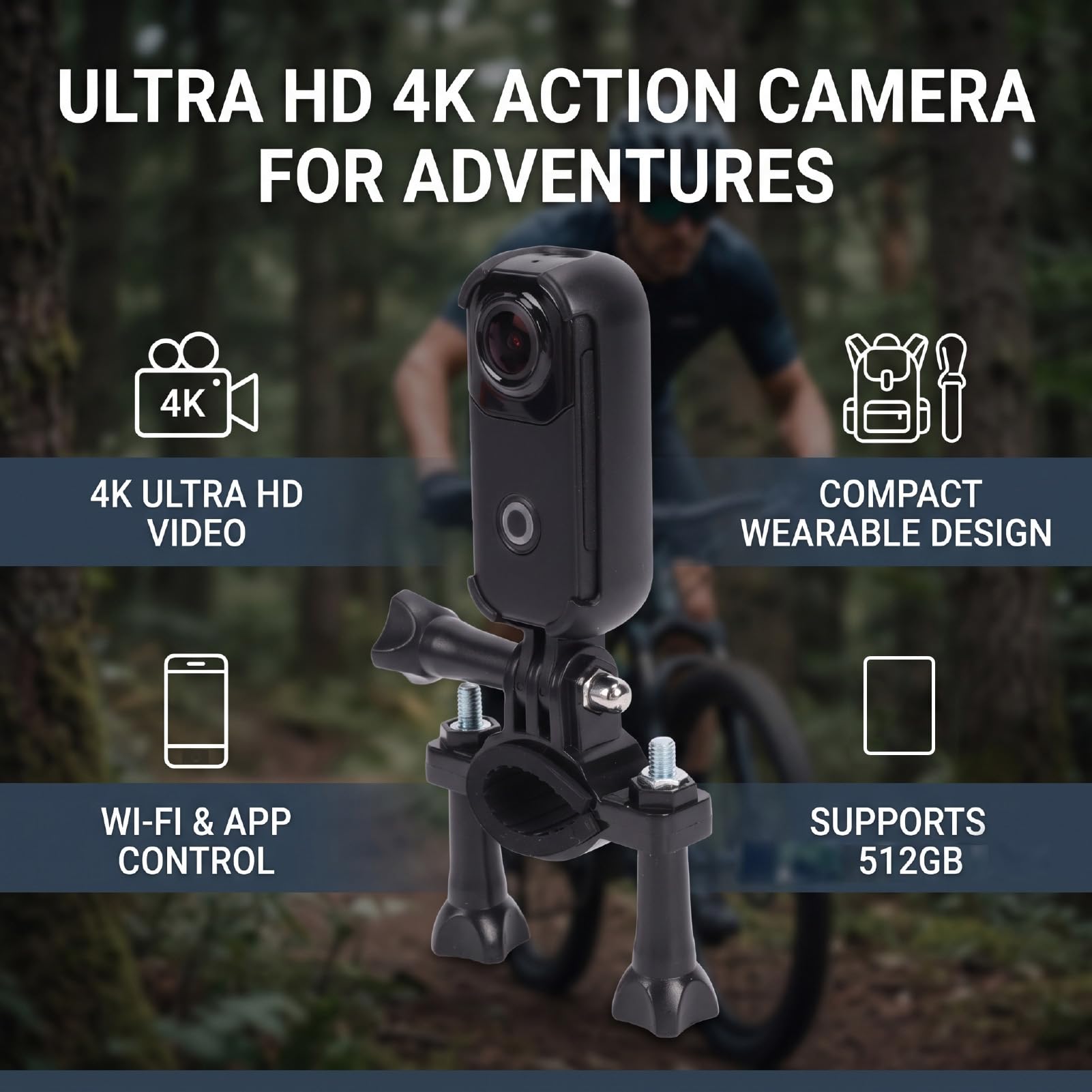 Sxhlseller Videocamera 4K Action Camera, WiFi Controllo App, 800mAh, per | Plastica Tecnica, Ideale per Vlogging Indossabile, Ciclismo, Escursionismo e viaggi. App per Smartphone, Porta Type C,