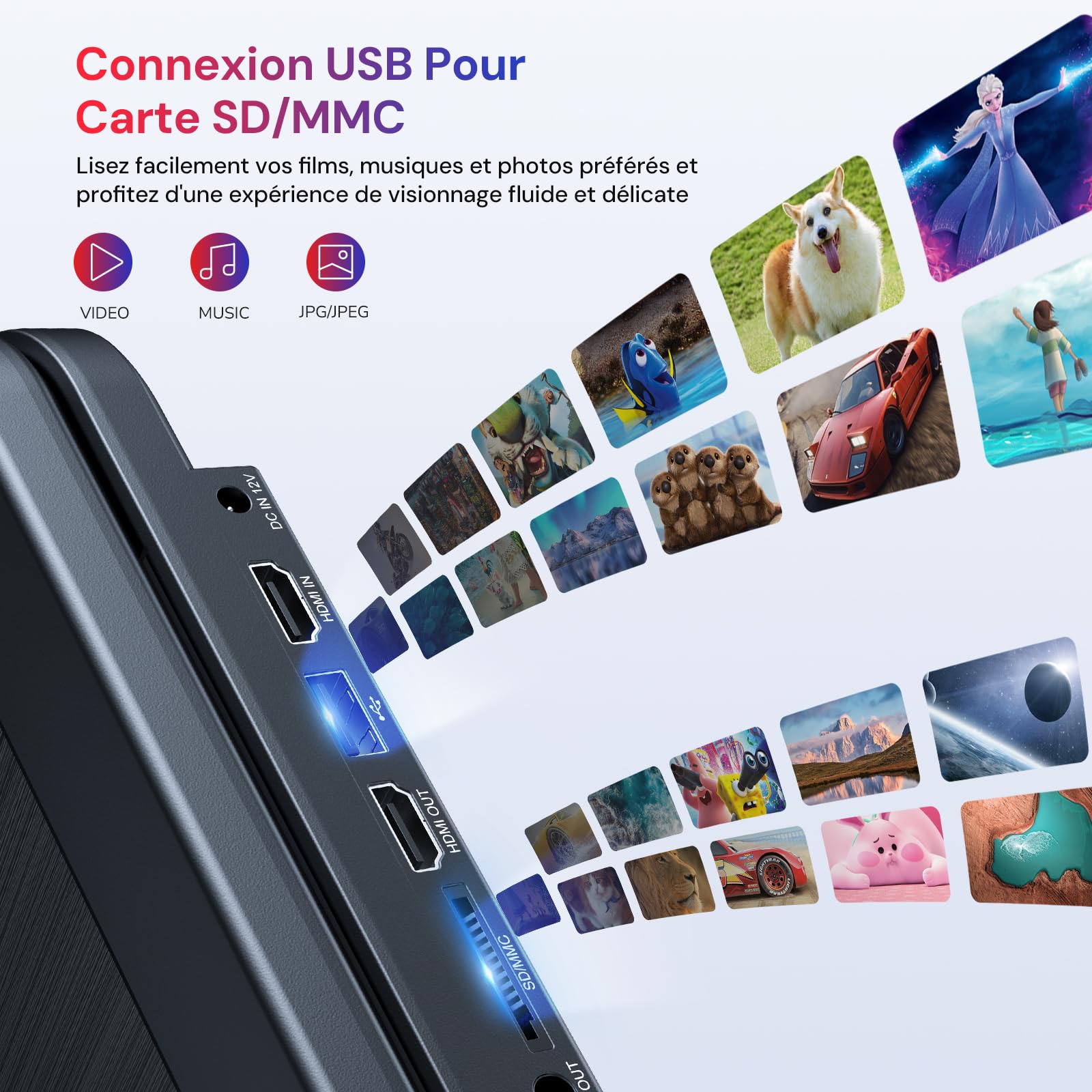 Lecteur DVD Blu Ray Portable 15,4" Rotatif 270° HD 1920x1080 avec Batterie Rechargeable 5 Heures USB/SD