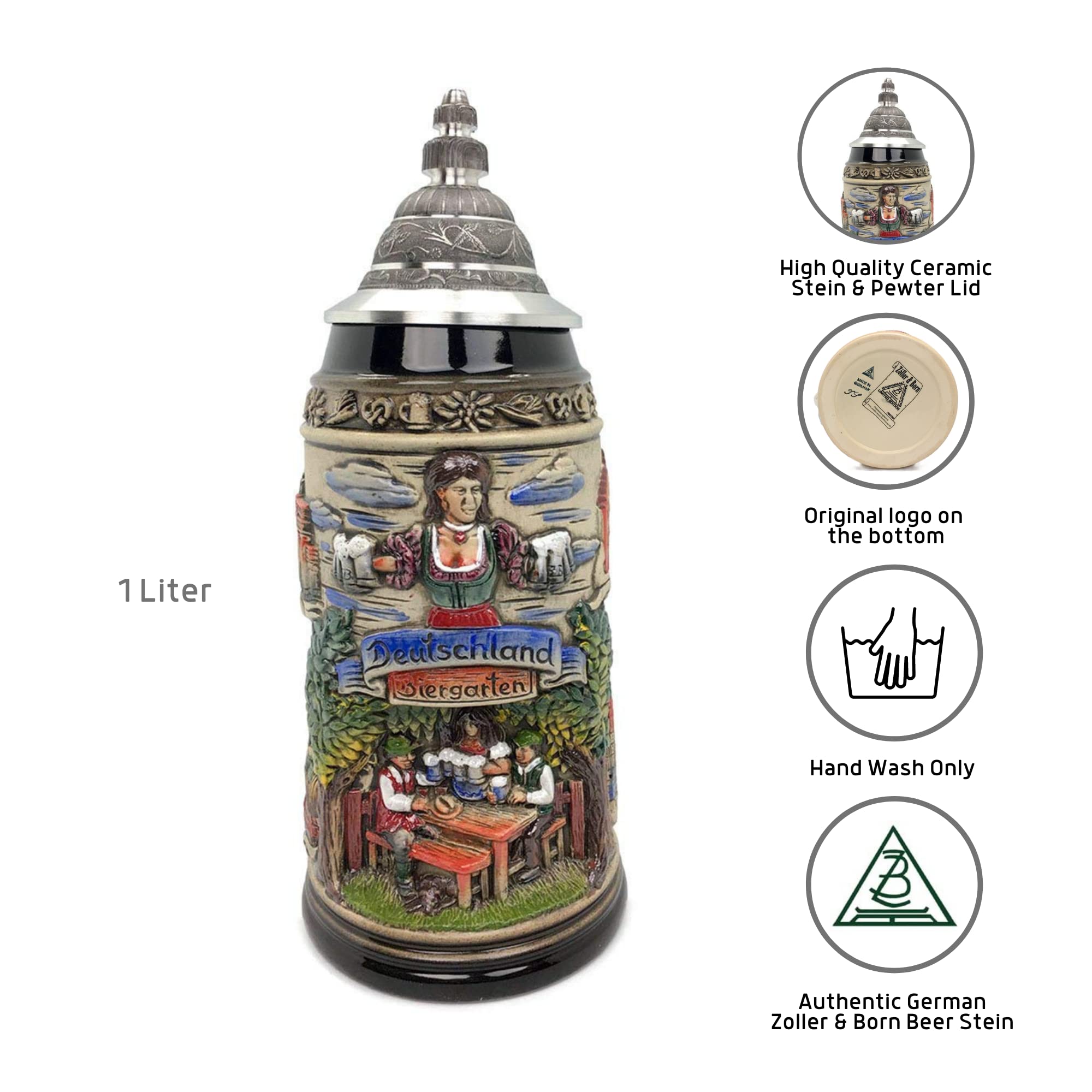 Biergarten 1 Liter Tankard Zoller & Born Mug Black Motif Made in Germany German Collectible Ceramic Beer Stein with Lid