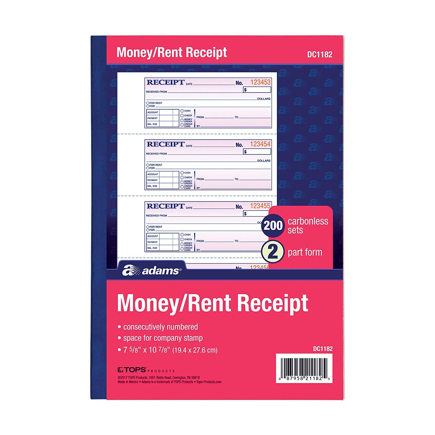 Adams Money and Rent Receipt Book, 2-Part, Carbonless, White/Canary, 7-5/8" x 10-7/8", Bound Wraparo