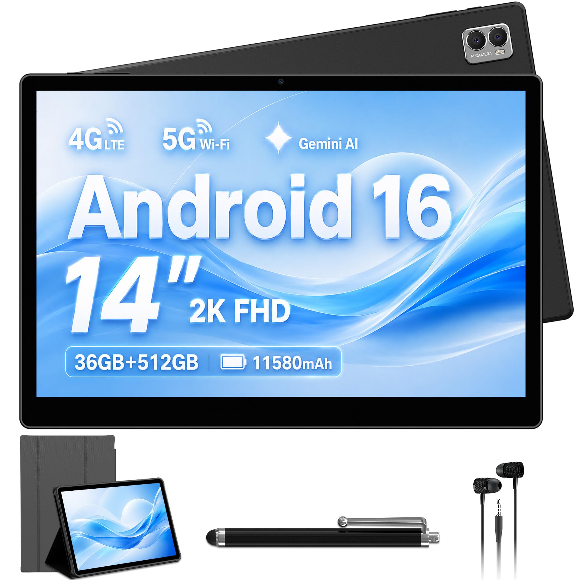 Android 16 Tablet, 14 Zoll 2K Touch Display, 36GB RAM+512GB ROM 1TB TF SIM Tablet, 4G LTE+5G WLAN, Octa-Core, 4 Lautsprecher, Gemini AI, 13MP, 11580mAh, GMS, GPS, inkl. Hülle/Kopfhörer/Pen