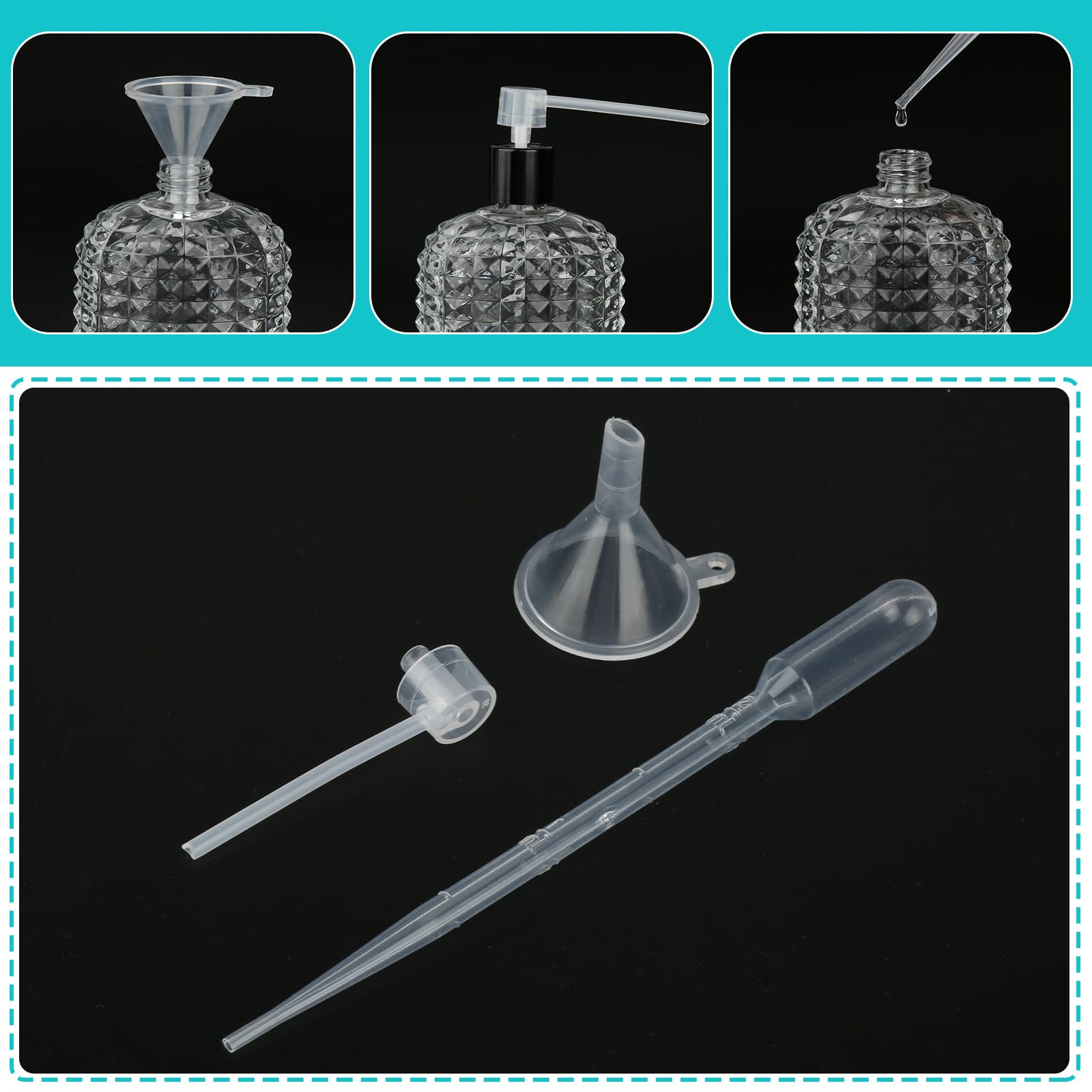 Rozpylacz do perfum, przenośna butelka z rozpylaczem z nasadką, 3 sztuki, 50 ml, butelka na perfumy z ananasem, do wielokrotnego napełniania, ze szkła kryształowego, puste szkło z pipetami i lejkiem