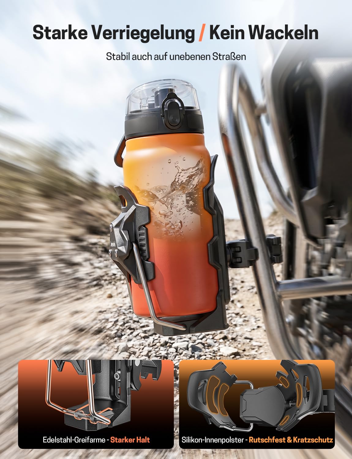 Jeebel Flaschenhalter Motorrad, Becherhalter Adaptiver Verriegelnder mit 12–45mm Anti-Diebstahl Metallklemme, Kompatibel mit 50–80mm Durchmesser Trinkflaschen, Getränkehalter für ATV Fahrrad Roller