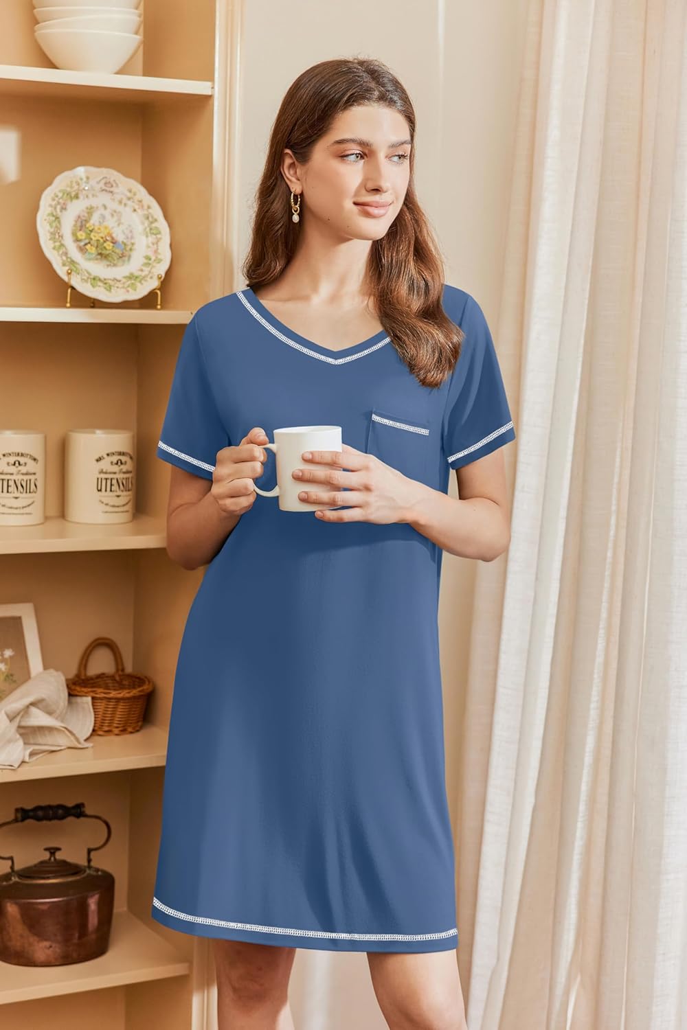 Ekouaer Nightgowns for Women Spaghetti Strap Night Gown Sleeveless Sleep Dress Navy - Image 3