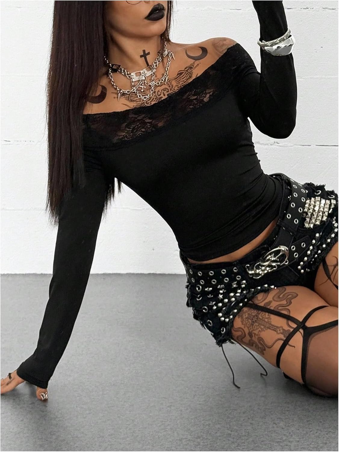 GORGLITTER Women's Lace Off The Shoulder Tops Fall Y2k Long Sleeve Fitted Sexy Cropped Concert Party Rave Going Out Top - Image 5