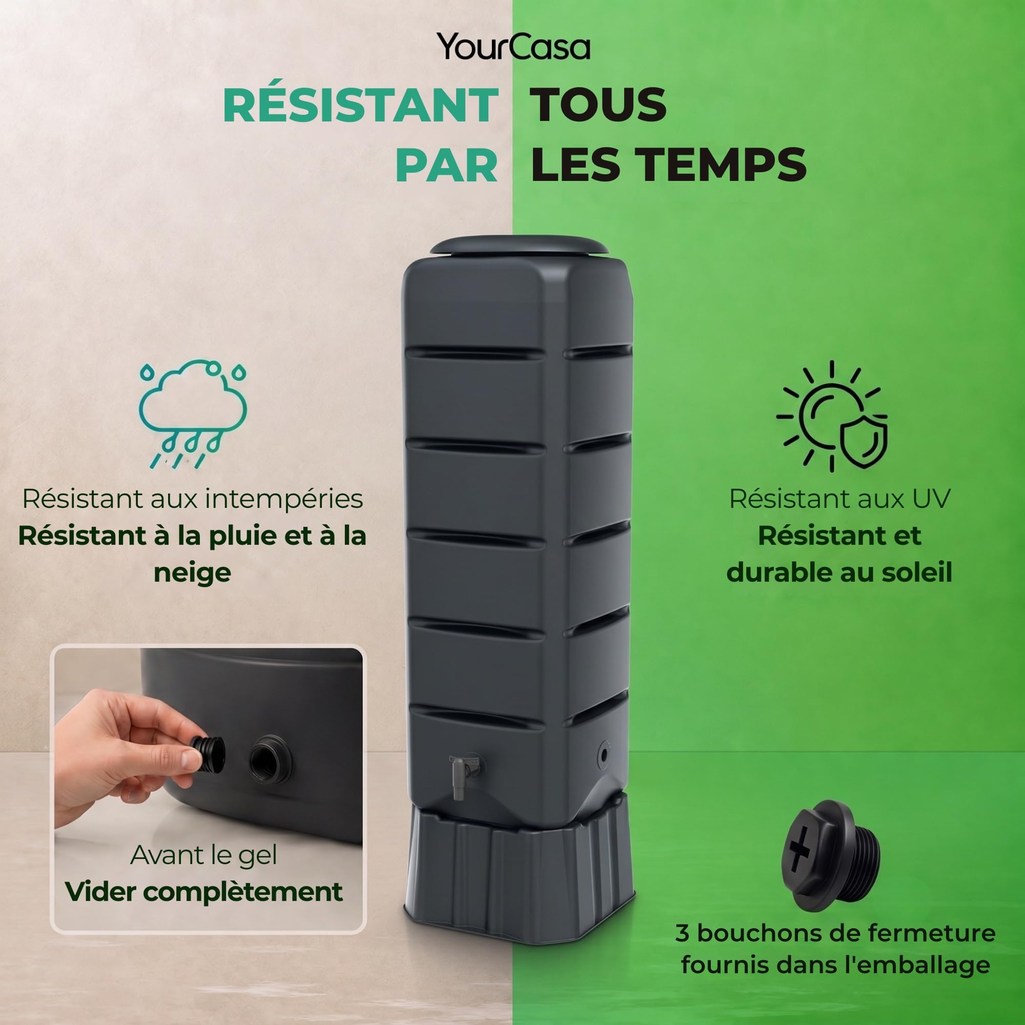 YourCasa Recuperateur d Eau de Pluie [Tower] 120L avec Pied, Couvercle et Robinet – recuperateur Eau de Pluie – récupérateur Eau de Pluie – Réservoir d'eau de Pluie – Reservoir Eau de Pluie (Gris)
