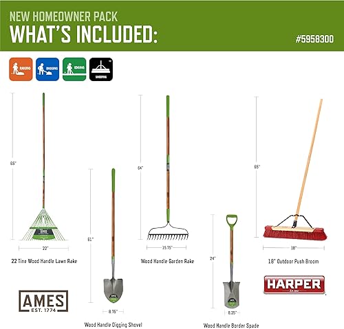 Miniatura 2 de AMES Kit de herramientas de mango largo para propietarios de viviendas de 5 piezas con rastrillo de césped, pala de excavación, rastrillo de jardín,