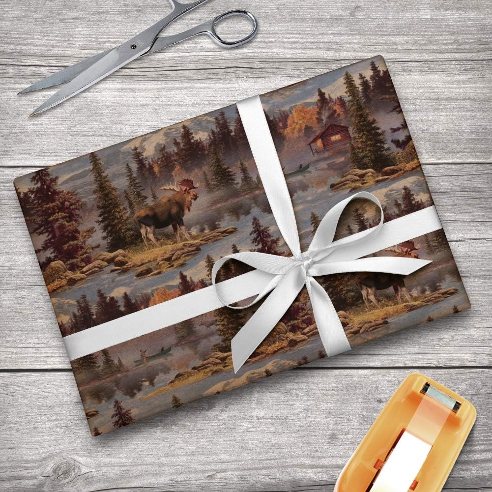 GRAPHICS & MORE Moose Cabin Forest Woods Canoe Pattern Premium Kraft Roll Gift Wrap Wrapping Paper
