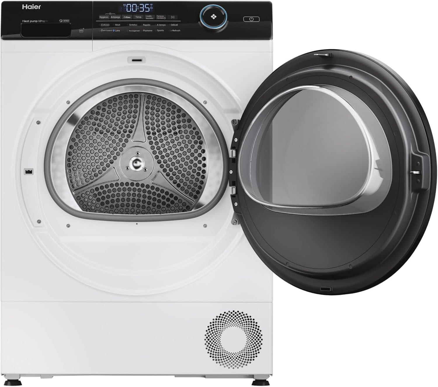 Haier HD100-A3959E-IT I-Pro Serie 5 Heat Pump Dryer with door open, showing drum