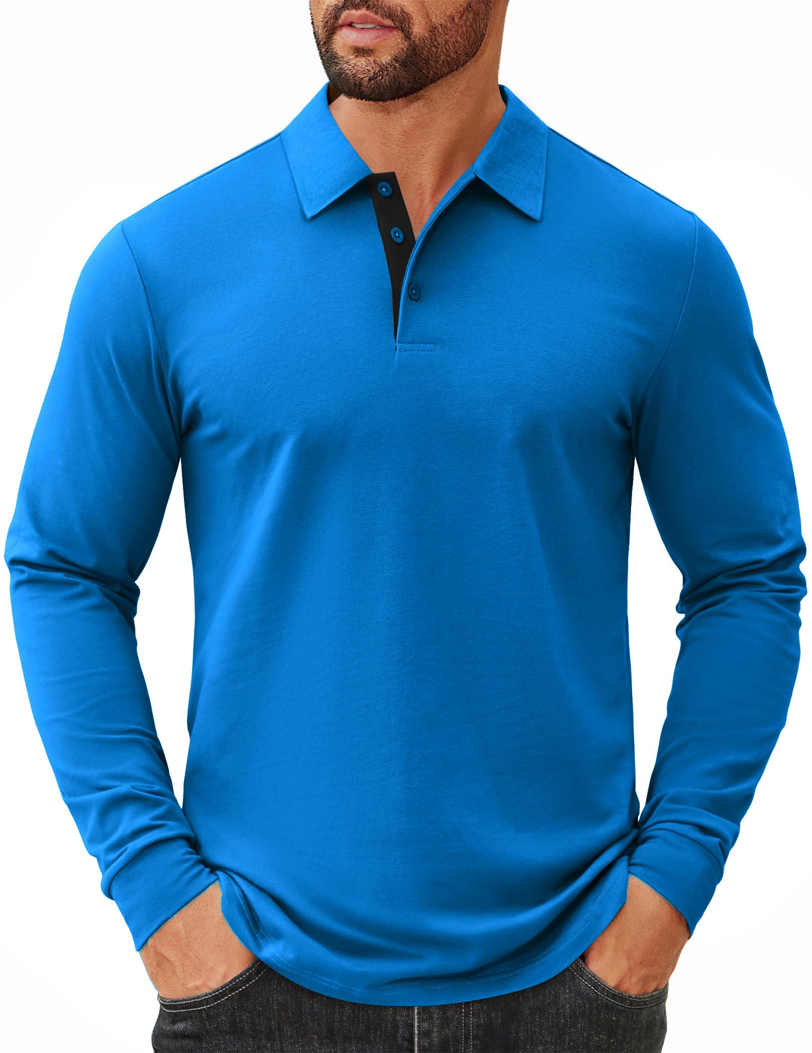 Mens Long Sleeve Polo Shirts Cotton Collared Shirts Casual Business Polo Classic Golf T Shirts