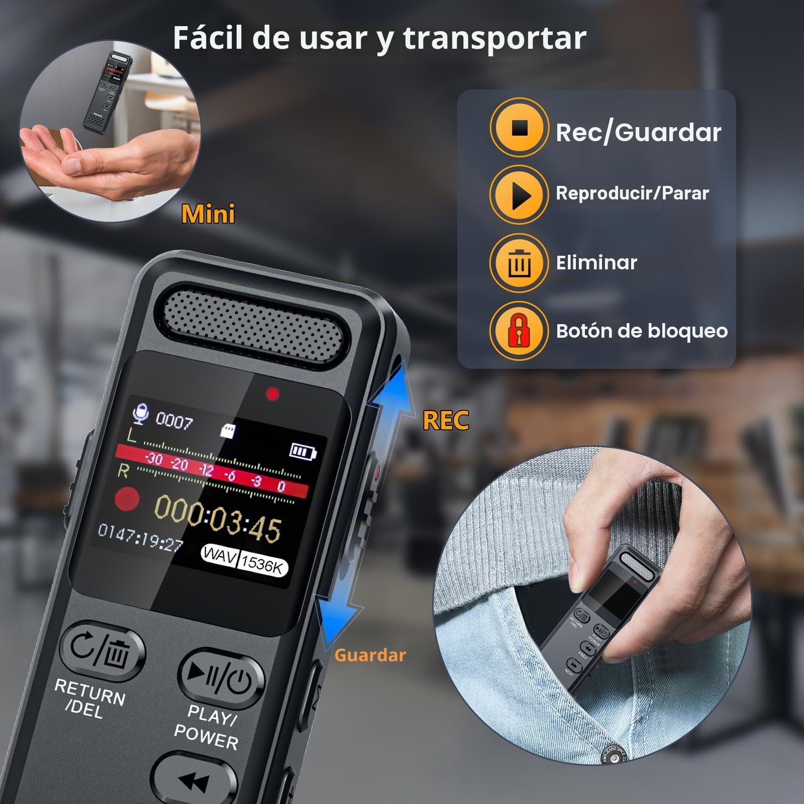 80GB Grabadora de Voz 100H Grabación Continua, Ponovo Grabadora Digital Activada por Voz 1536Kbps HD con Micrófono Ext, 1100mAh Grabadora de Voz Pequeña con Contraseña para Reunione Entrevista Clase | 64GB Tarjeta de Memoria, 16GB Memoria Integrada, 1100m