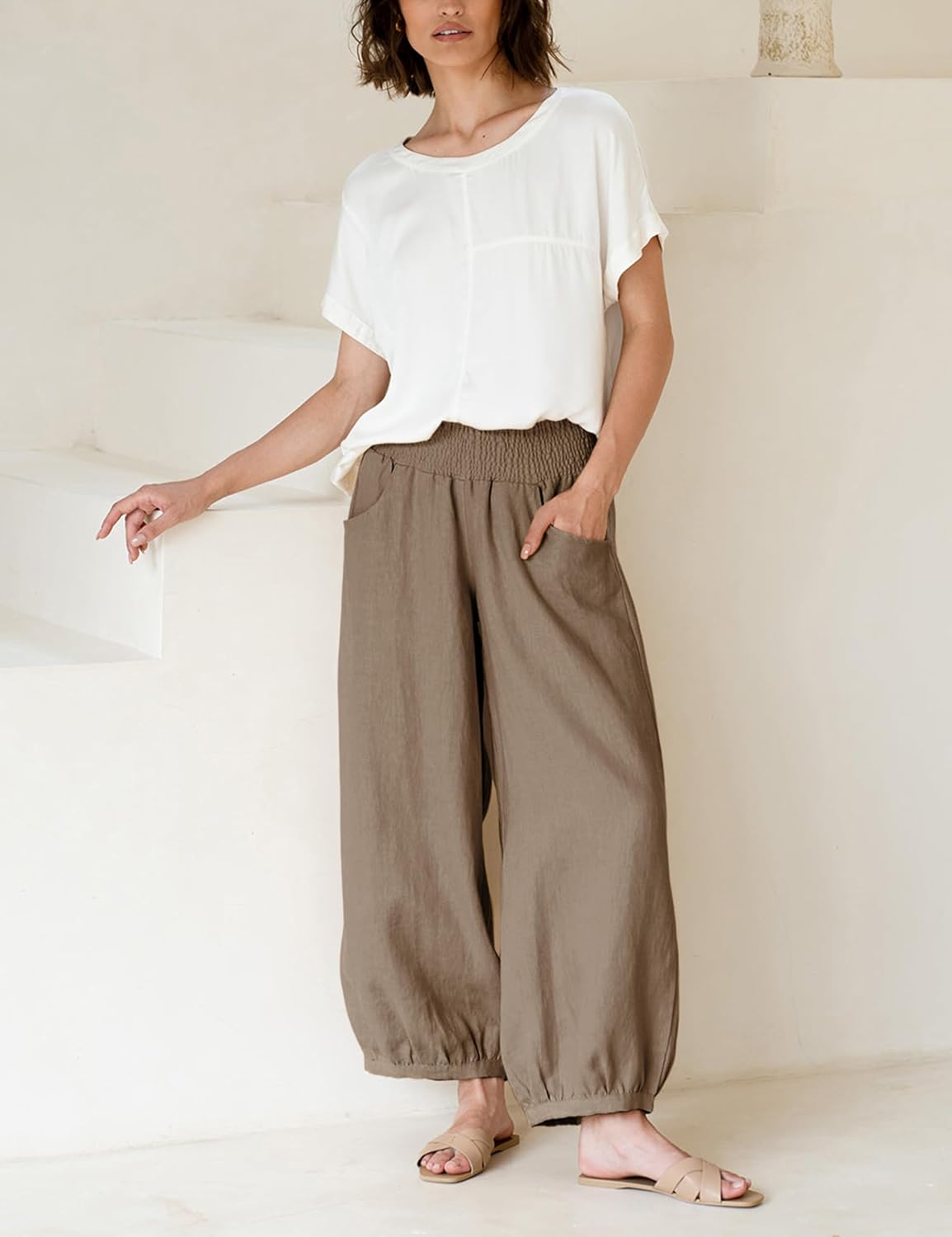 Xiaoxuemeng Womens Wide Leg Pants Cotton Linen Barrel Pants Elastic Waisted Lounge Trousers with Pockets - Image 7