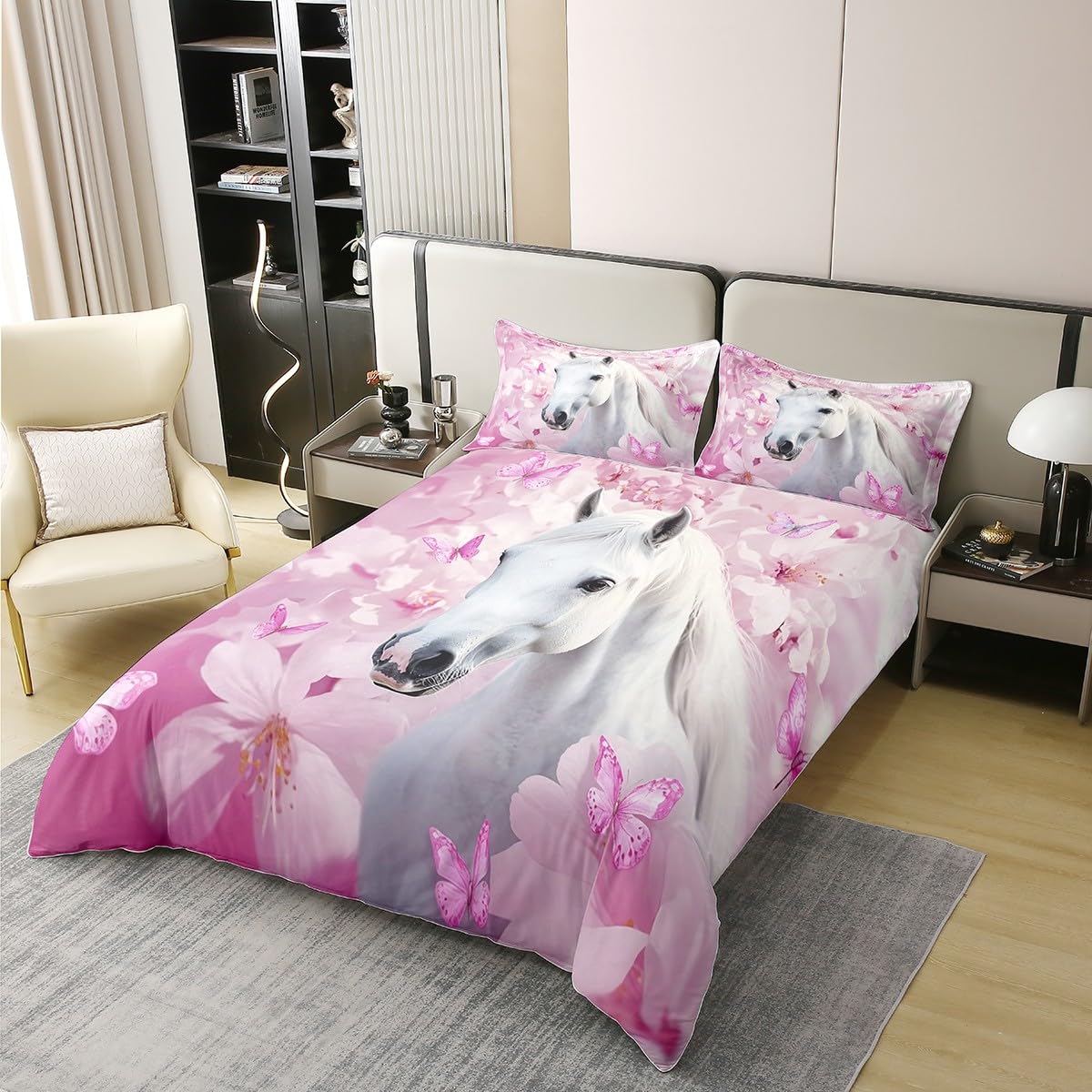Loussiesd Juego de ropa de cama de 100% algodón, 155 x 220 cm, diseño de mariposas, juego de funda nórdica con estampado de caballos, juego de ropa de cama de princesa con diseño de animales