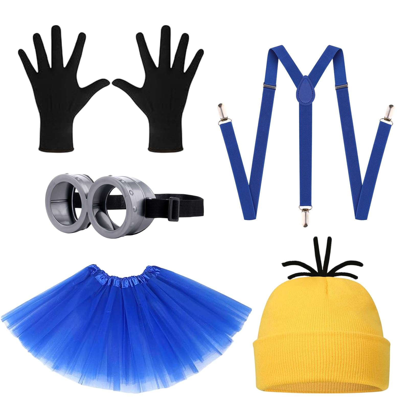 Halloween Disfraz Amarillo, Gorro Amarillo, Gafas Steampunk, Falda Azul, Guantes y Tirantes, Ropa para Cosplay, Fiestas de Halloween