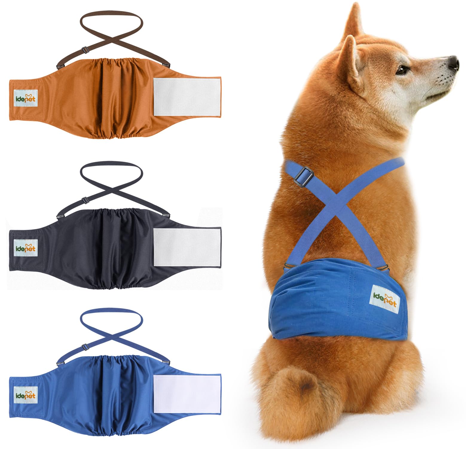 Idepet Belly Bands for Male Dogs with Suspender Detachable, 3 Pack Male Dog Belly Bands Washable Doggie Boy Diapers Reusable Male Pee Wraps for Small
