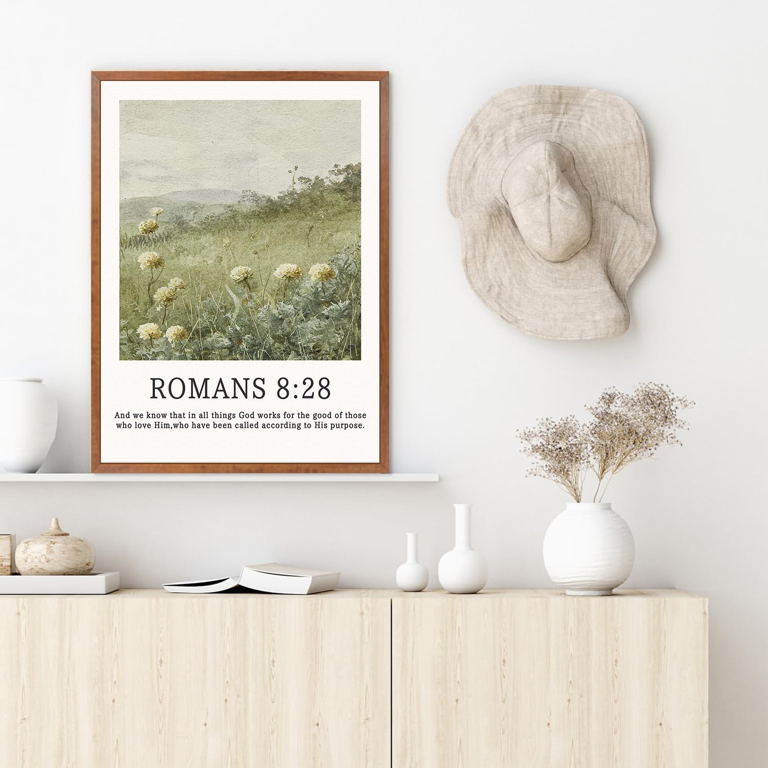 LHIUEM Hide Landscape Flowers Scripture Wall Art Christian Vintage Framed Wall Decor Set of 3(12”X16”) Bible Verses Jesus Green Prints Bible Verse Canvas Over Bed Artworks for Bedroom Prayer Room