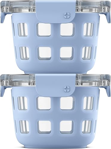 Ello Duraglass - Paquete de 2 recipientes de vidrio reutilizables de 2 tazas con tapas a prueba de fugas y fundas protectoras de silicona, perfecto
