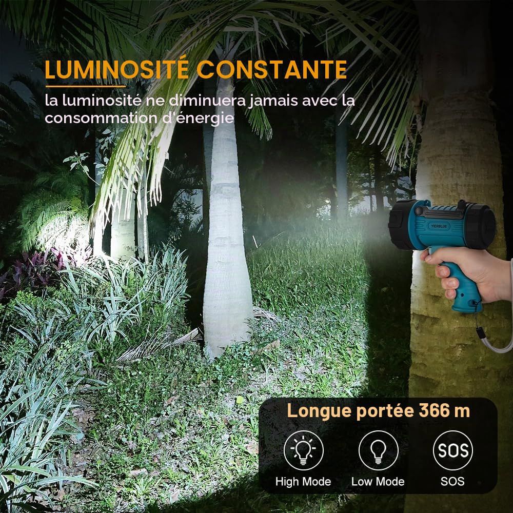 YIERBLUE Projecteur rechargeable, super lumineux, 1000 000 lumens, LED IP67, étanche, longue durée, grande lampe de poche avec filtre de lumière rouge amovible