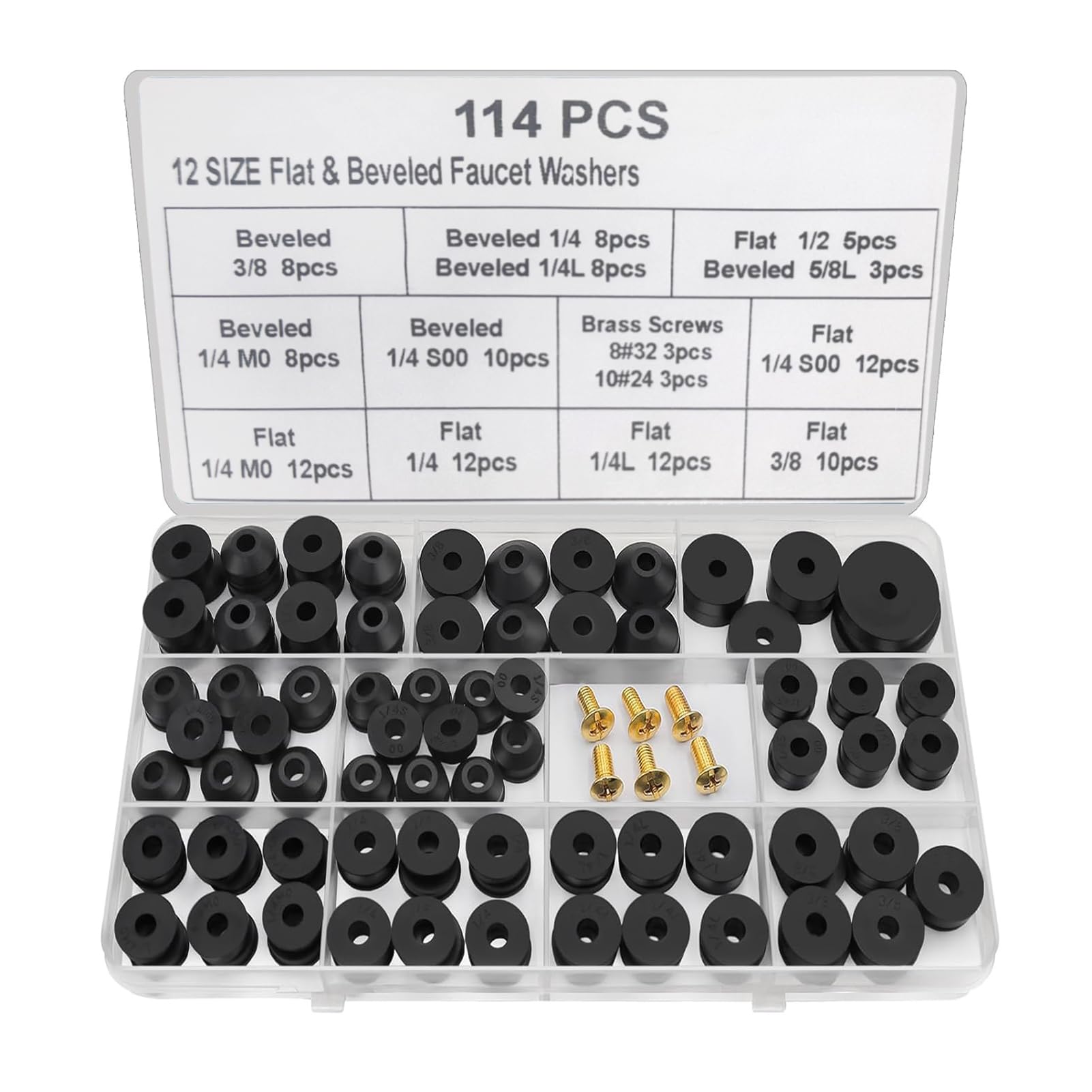 114 PCS Faucet Washer Kit with Brass Bibb Screws - Assorted Flat & Beveled Neoprene Rubber Washers for DIY Outdoor Faucet Repair
