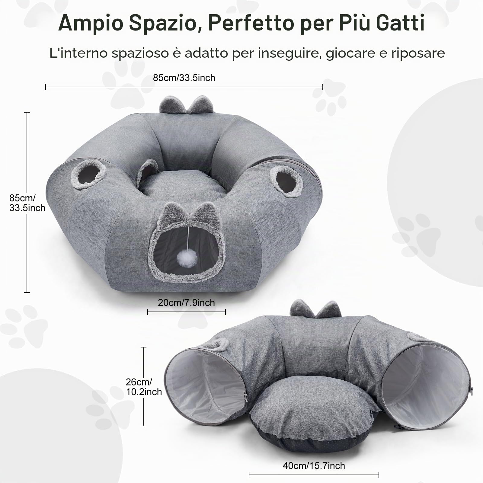 Odoland Tunnel per gatti con letto, pieghevole, grande, a forma di ciambella, in lino | Gioco interattivo per gatti, tunnel giocattolo con palla, per gatti, gattini, conigli, cuccioli