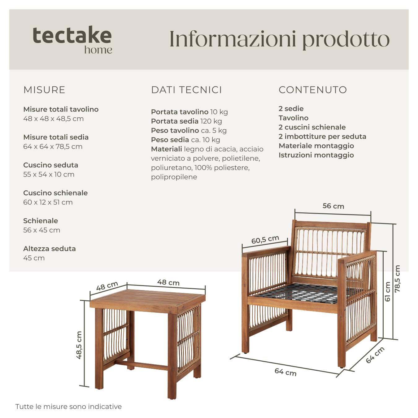 tectake® Set salottino da esterno, 2 poltrona relax e tavolino da balcone in legno acacia, intreccio corda polyrattan, cuscini sfoderabili, arredo giardino moderno, salotto balcone Sedie da Giardino