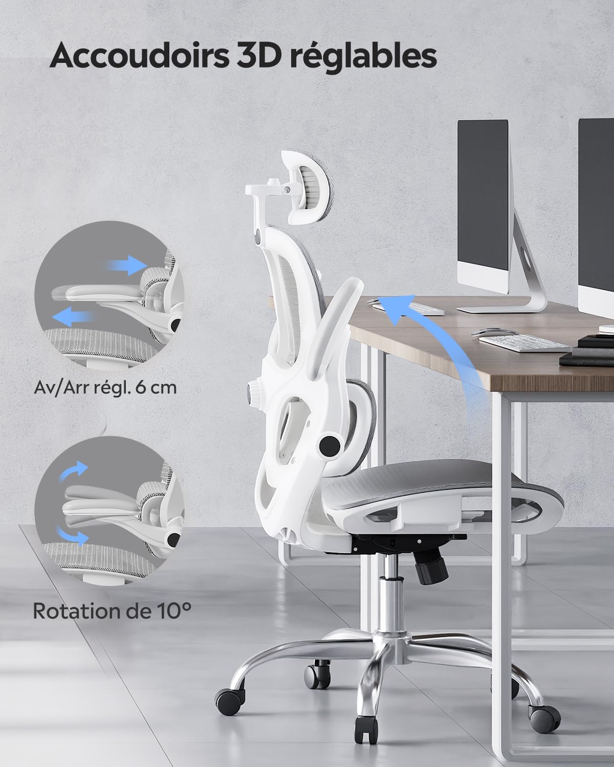 DEVAISE Chaise de Bureau Ergonomique, Fauteuil de Bureau avec Dossier Segmenté, Fauteuil de Bureau Grande en Maille Respirante, Support Lombaire & Appuie-tête réglable, Accoudoirs 3D, Blanc