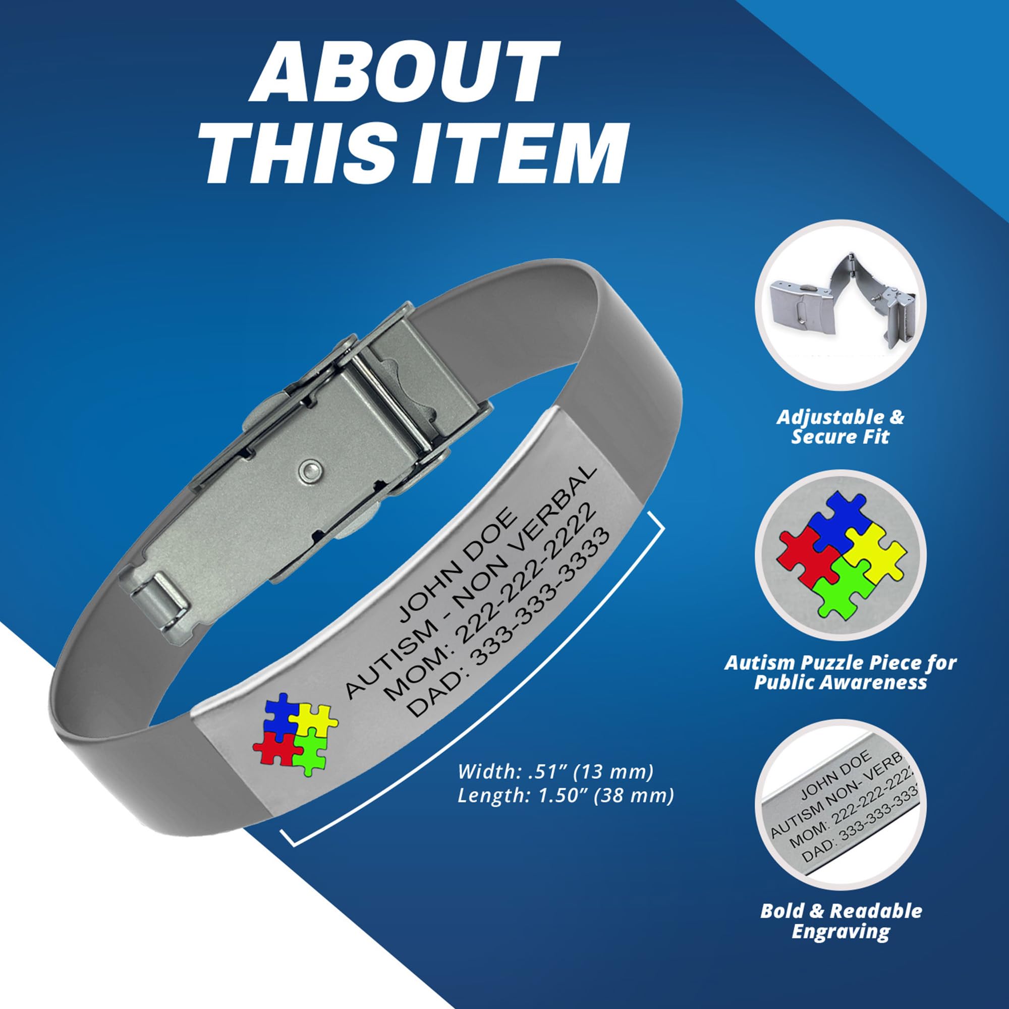 Notfallarmband aus Silikon für Männer, Frauen und Kinder, personalisierbar, für Autismus, medizinische Notfälle, 14 cm - 21 cm, Grau