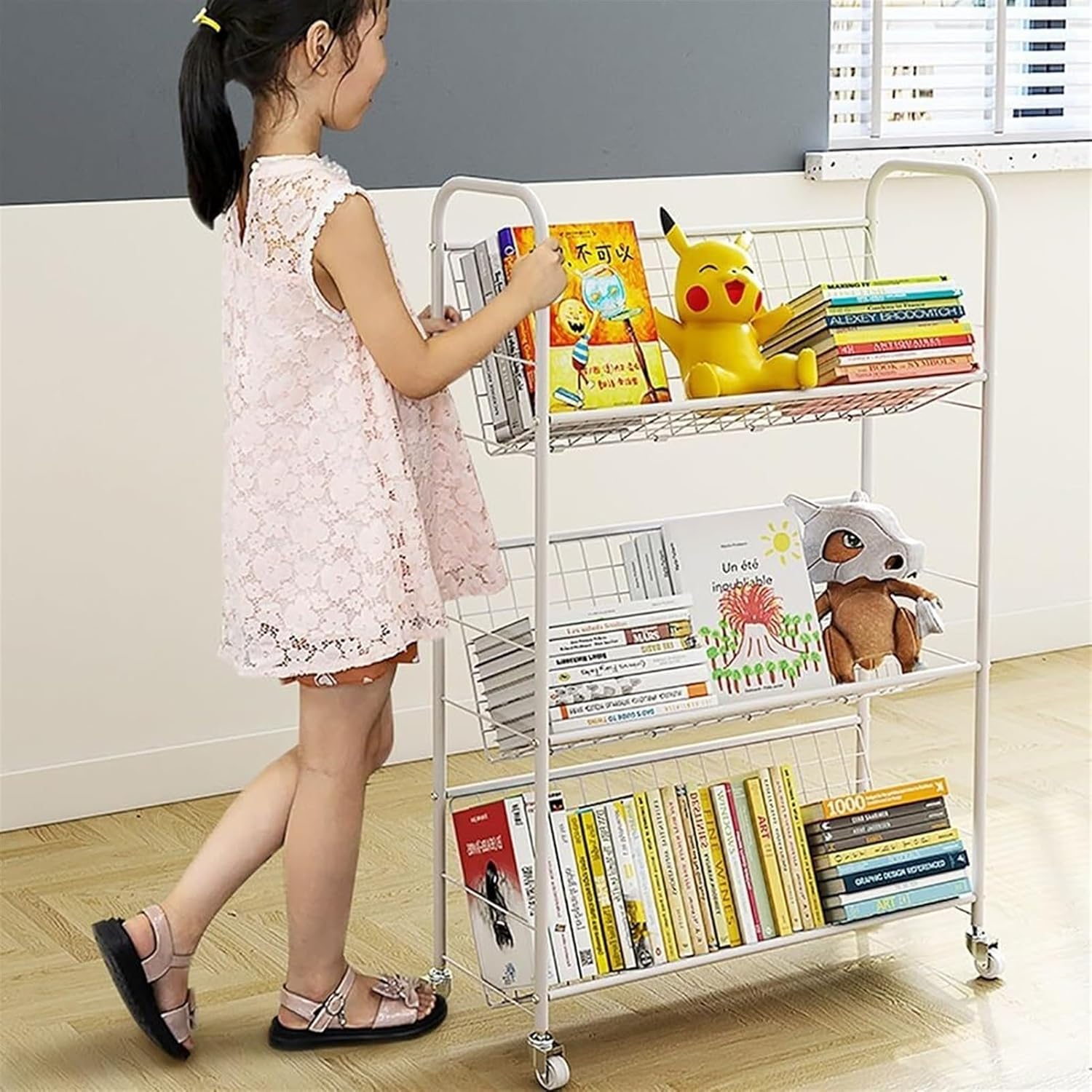 Rolling Book Cart, Moveable Bookshelf Organizer, Metal Shelving Book Carts with Wheels, Multifunctional Storage Trolley Bookcases for Office, Classroom, Library