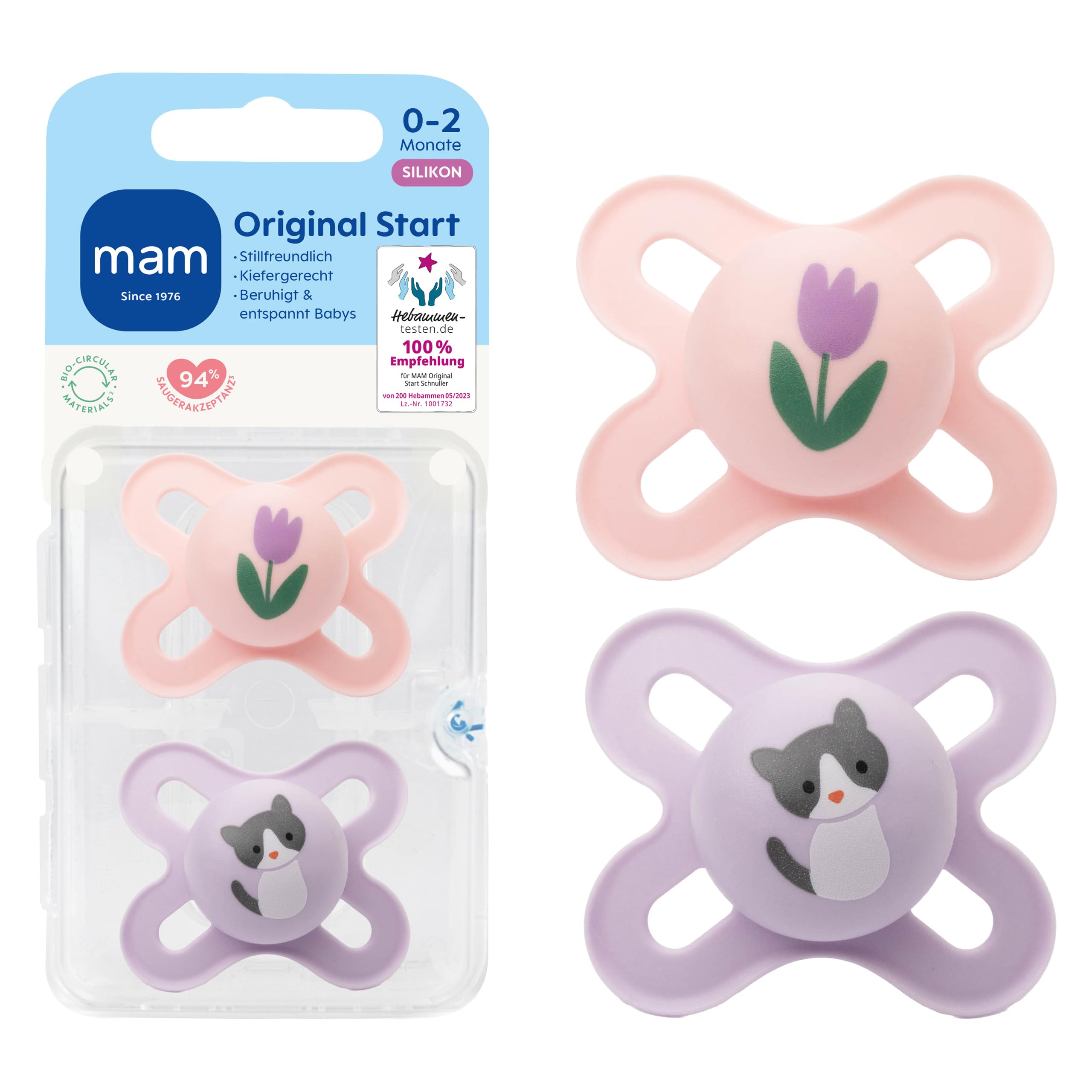 MAM Original Start Schnuller, 0-2 Monate, 2 Stück | Stillfreundlich & instinktiv akzeptiert, SkinSoft Silikon, zahnfreundliches Design, inkl. Sterilisierbox