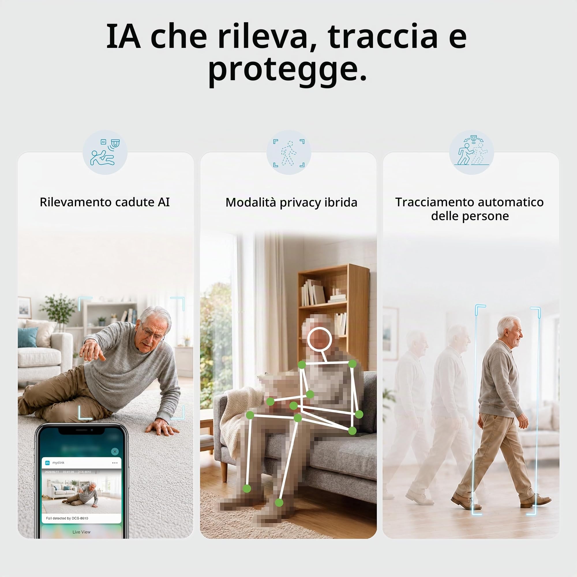 D-Link DCS-8610 Telecamera Wi-Fi Pan & Tilt 2.5K QHD, IA Persone e Cadute, Auto Tracking 360°, Visione Notturna, Audio 2 Vie, Dual Band, Ethernet, microSD, mydlink App