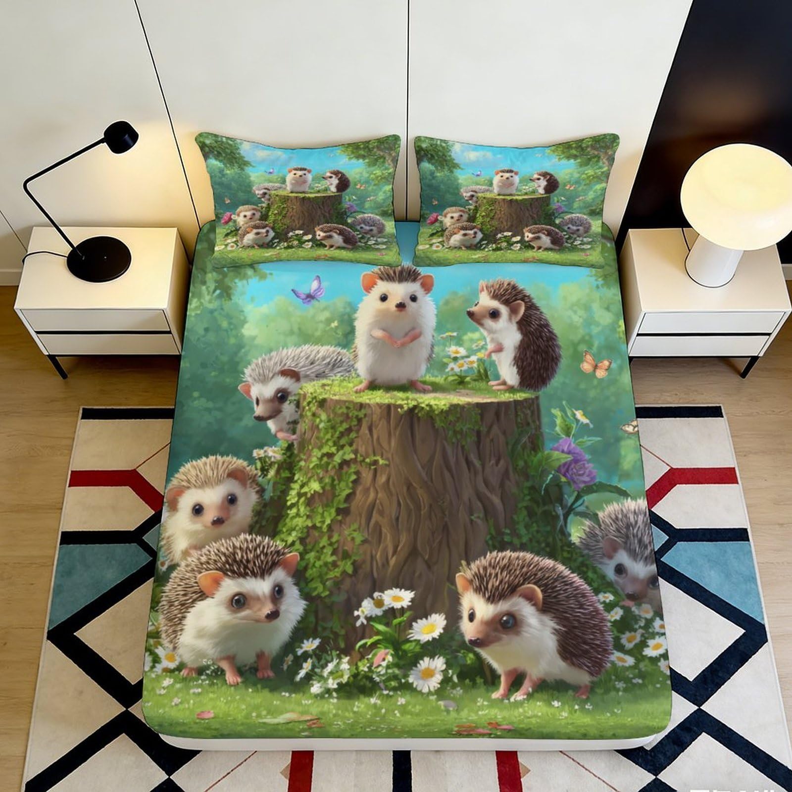 3D Printed Forest Hedgehog Fitted Sheet Microfiber Deep Pocket Non-Slip Hedgehog Mattress Fitted Cover Bedding 160x200x25cm