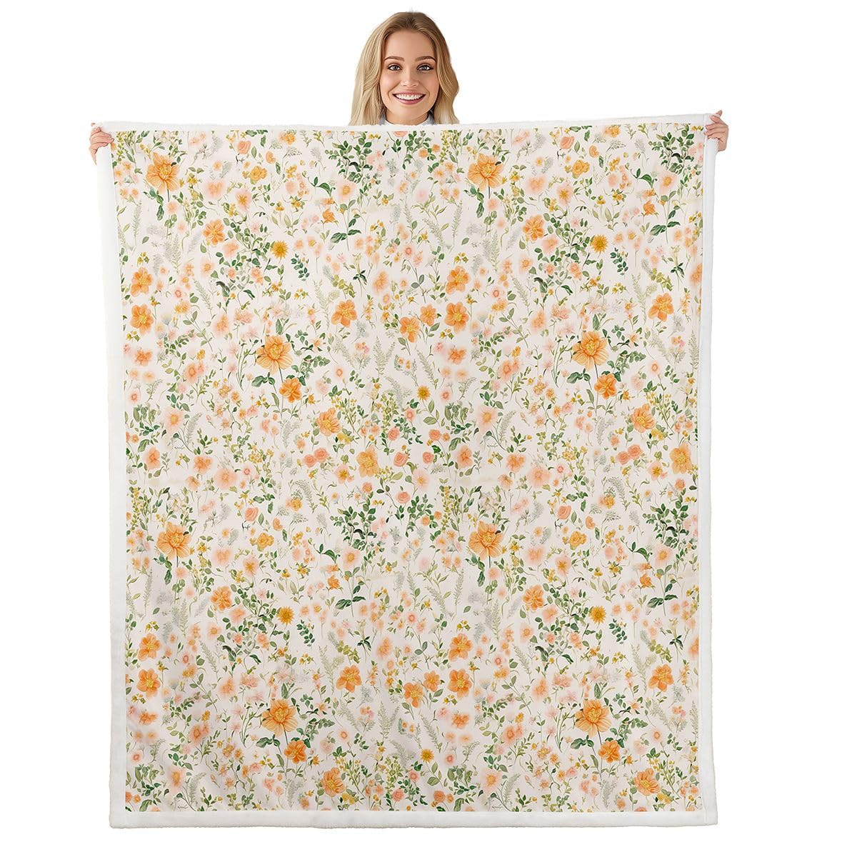 Homewish Uroczy kwiatowy koc polarowy, podwójny, 152 x 203 cm, wiejski kwiat, ciepły, pluszowy koc sherpa, boho, botaniczne kwiaty, puszysty, pluszowy, żółty, rustykalny dziki kwiat, do salonu