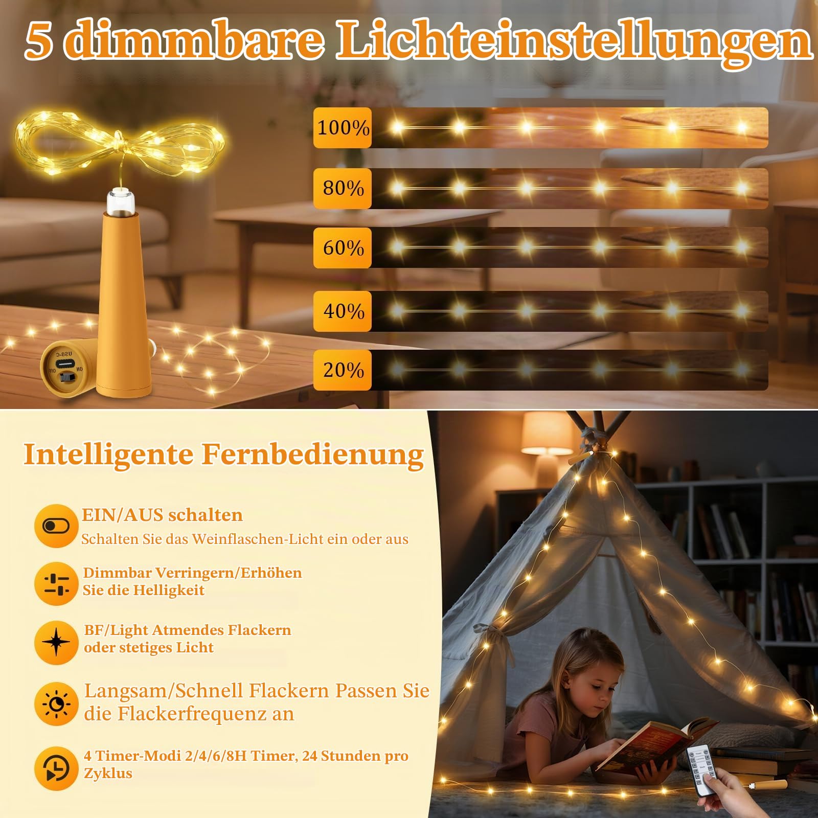 PChero LED Flaschenlicht mit Fernbedienung & Timer, USB Akku Lichterkette | 10er Flaschenlichterkette Korken, Flaschen Lichterkette, 2M 20 LEDs Flaschenlicht, Wasserdicht, für Flaschen Party DIY Deko