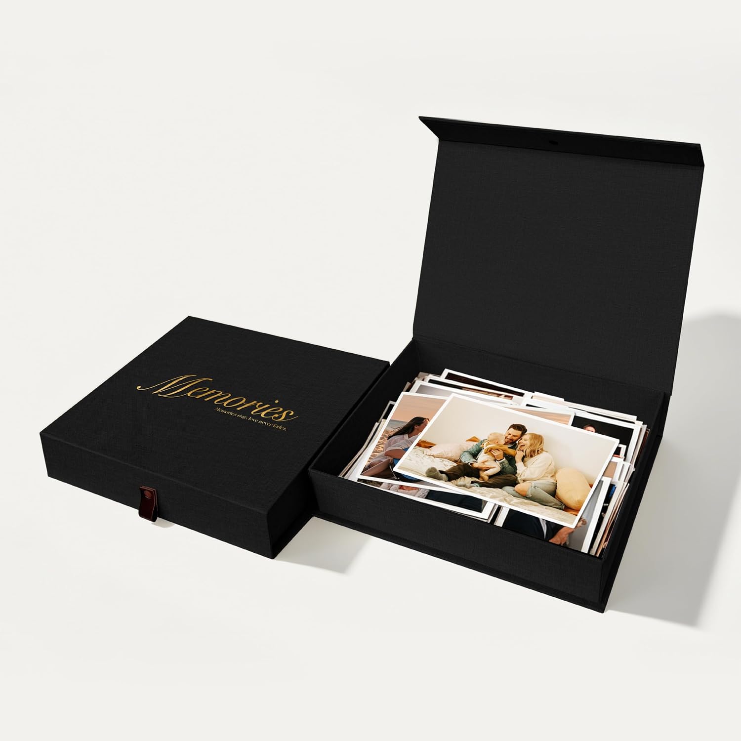 8x10 Premium Linen & Gold Foil Archival Photo Storage Box with Lid - Stackable Memory Keepsake Organizer for Photos, Certificates, Passports, Jewelry & Craft Supplies, Black