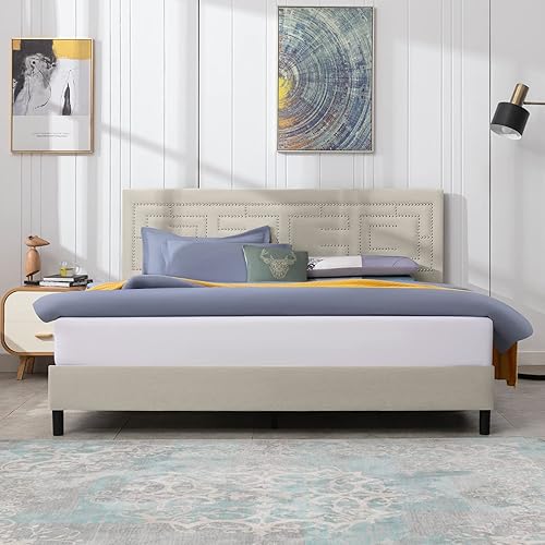 Miniatura 7 de Mjkone Base de cama tapizada de tamaño matrimonial, base de cama matrimonial con cabecera ajustable, plataforma con cabeza de clavos brillante,