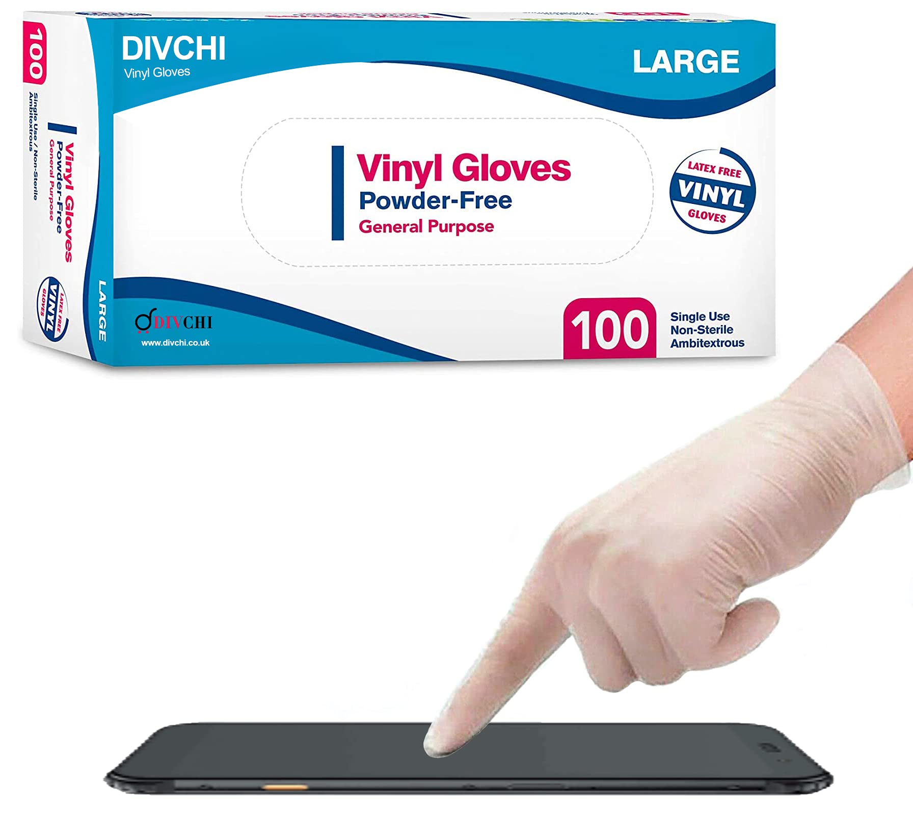 DIVCHI Disposable Gloves Latex-Free Clear Vinyl Gloves [100-Count] Powder-Free All-Purpose Gloves, Dispenser Box Gloves 100 Pieces - Large Gloves (Pack of 100)